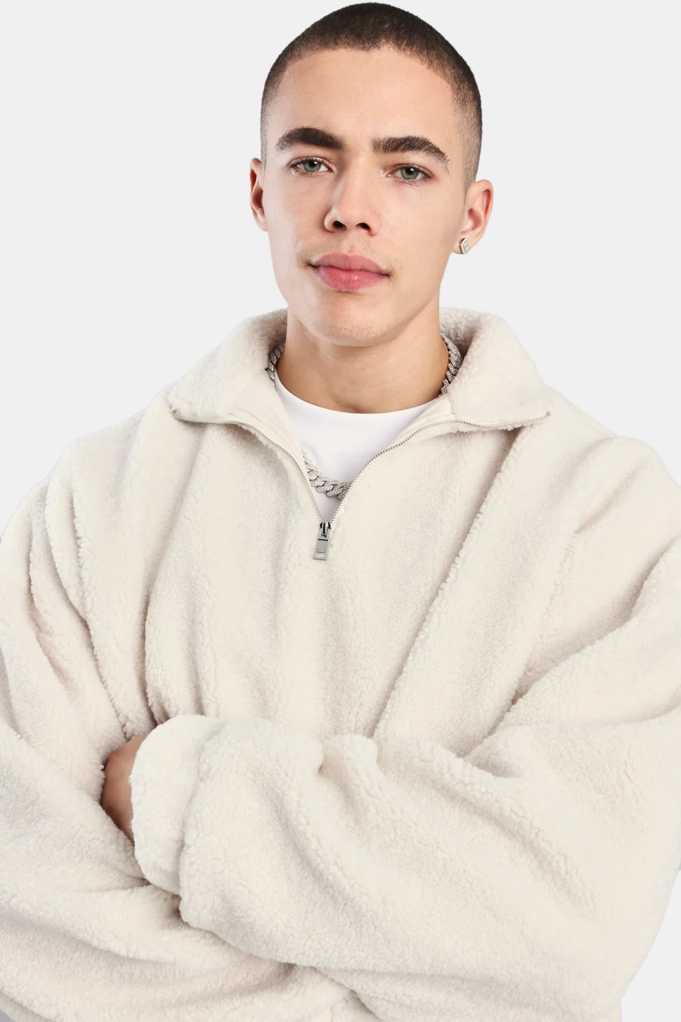 Borg Half Zip Sweatshirt - Off White - Image 7