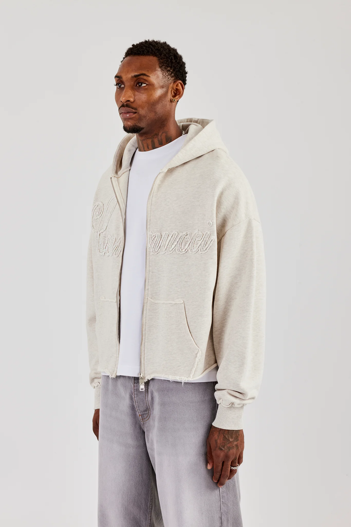 Boxy Applique Zip Hoodie - Ash Grey - Image 3