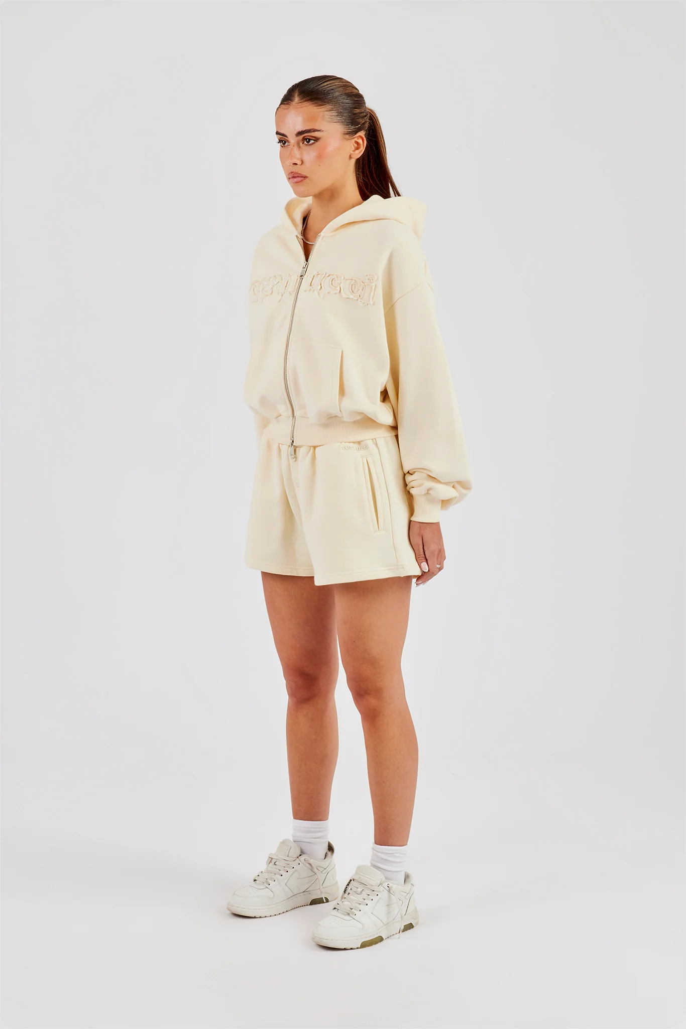 Boxy Cropped Applique Logo Zip Hoodie & Button Detail Shorts - Butter Yellow - Image 6