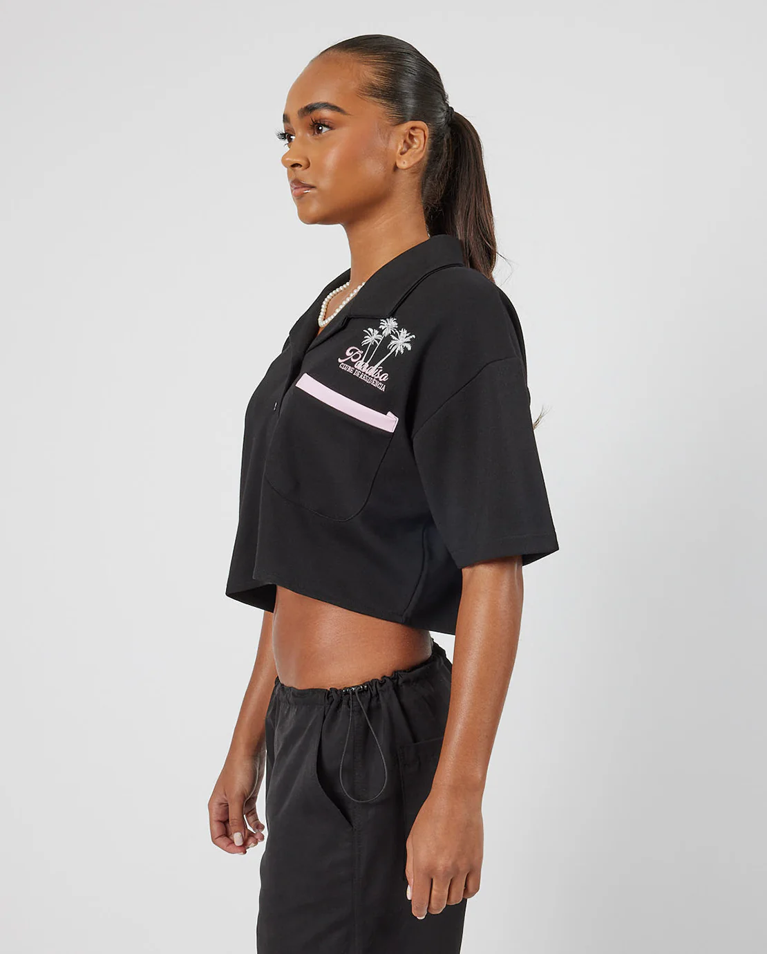 Boxy Cropped Paradise Bowling Shirt - Black - Image 2