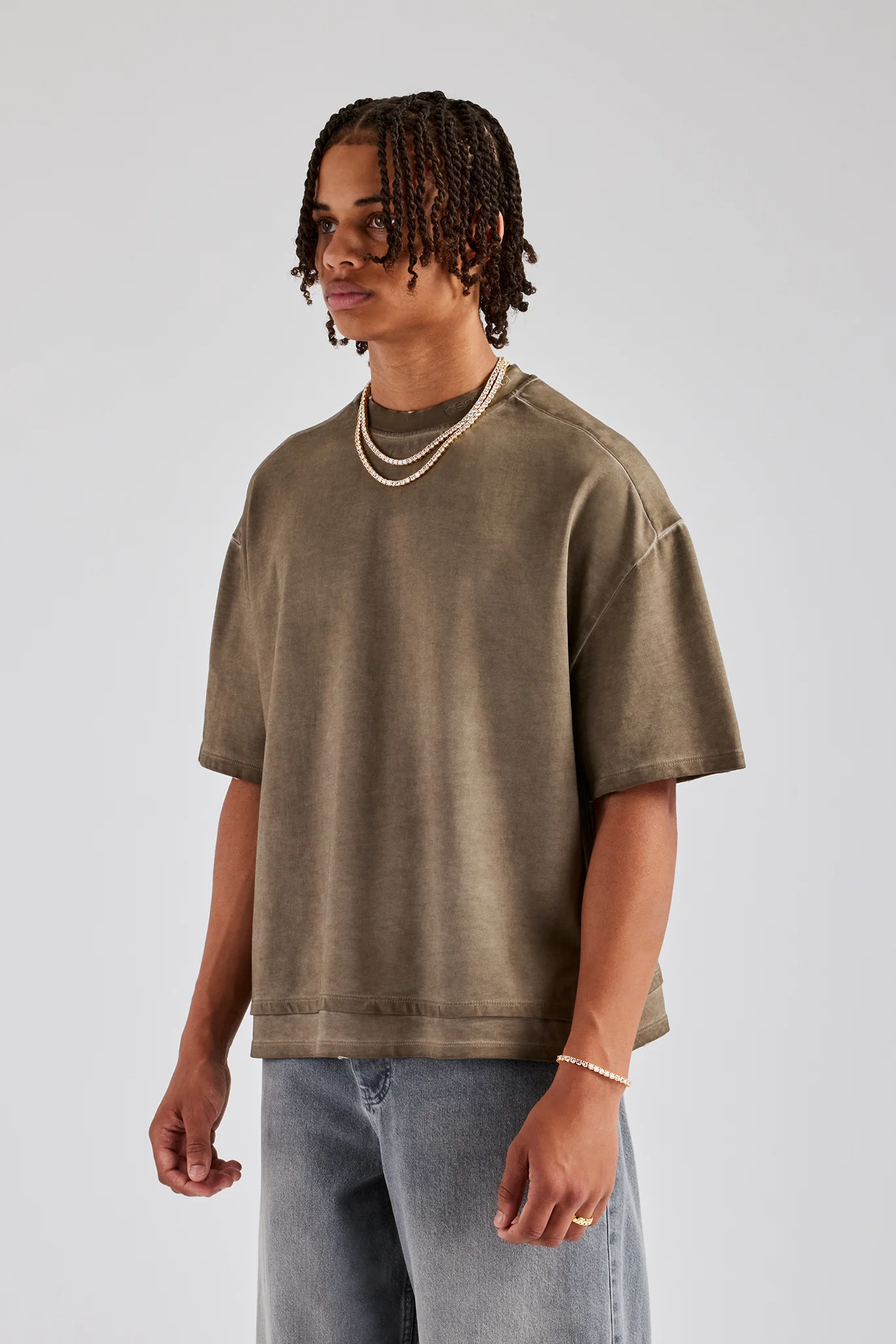 Boxy Fit Distressing Dual Hem T-Shirt - Taupe - Image 2