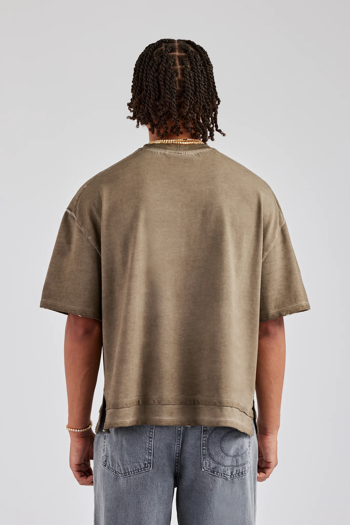 Boxy Fit Distressing Dual Hem T-Shirt - Taupe - Image 4