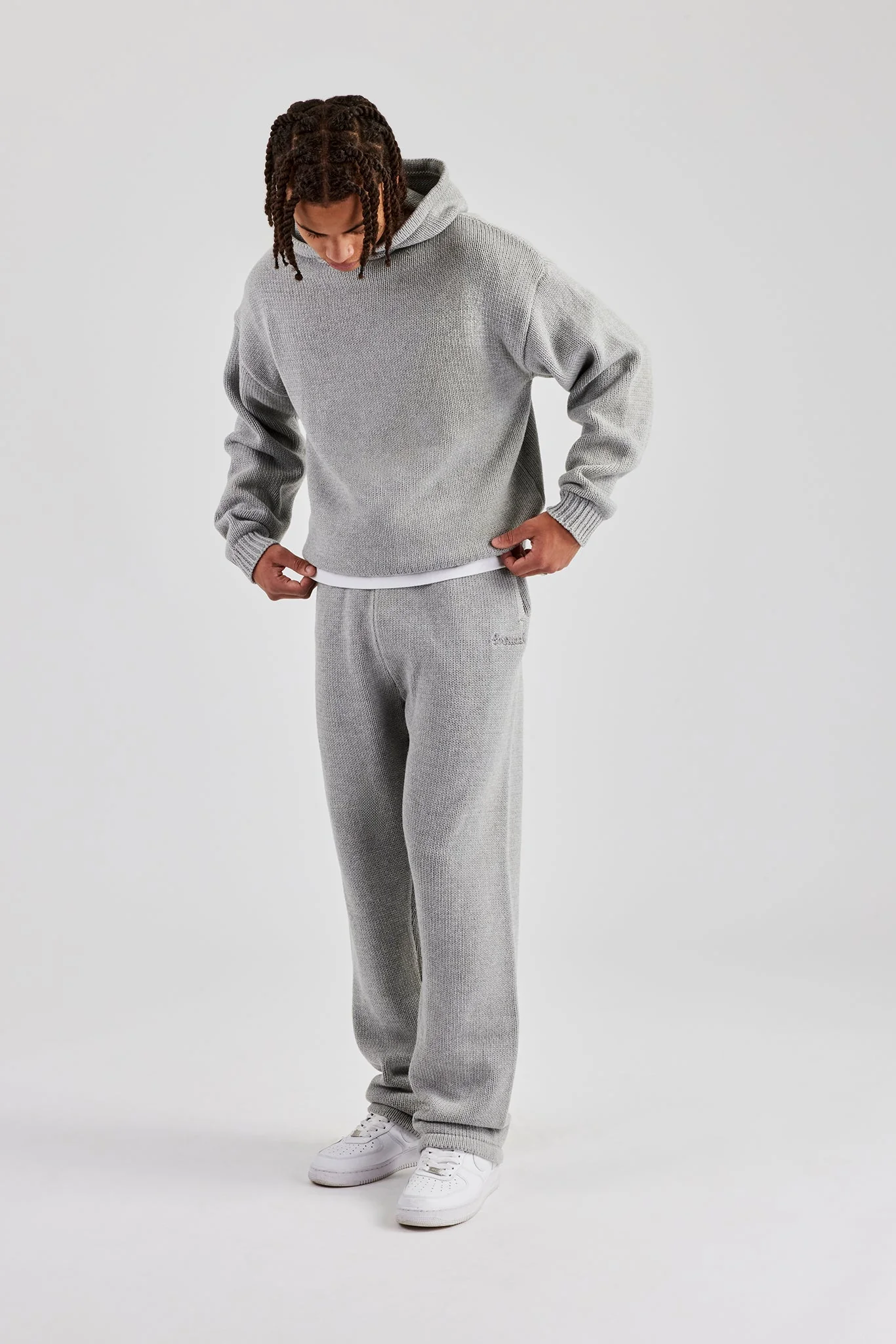 Boxy Knitted Embroidered Hoodie - Grey - Image 4