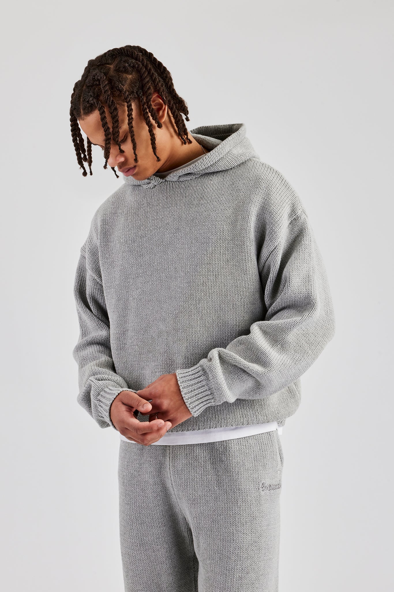 Boxy Knitted Embroidered Hoodie - Grey - Image 6