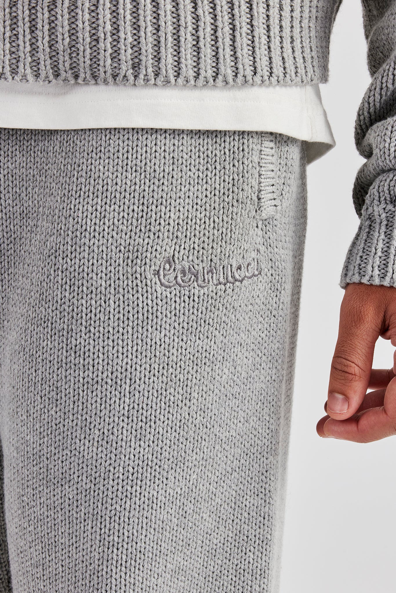 Boxy Knitted Embroidered Hoodie & Straight Leg Jogger - Grey - Image 7