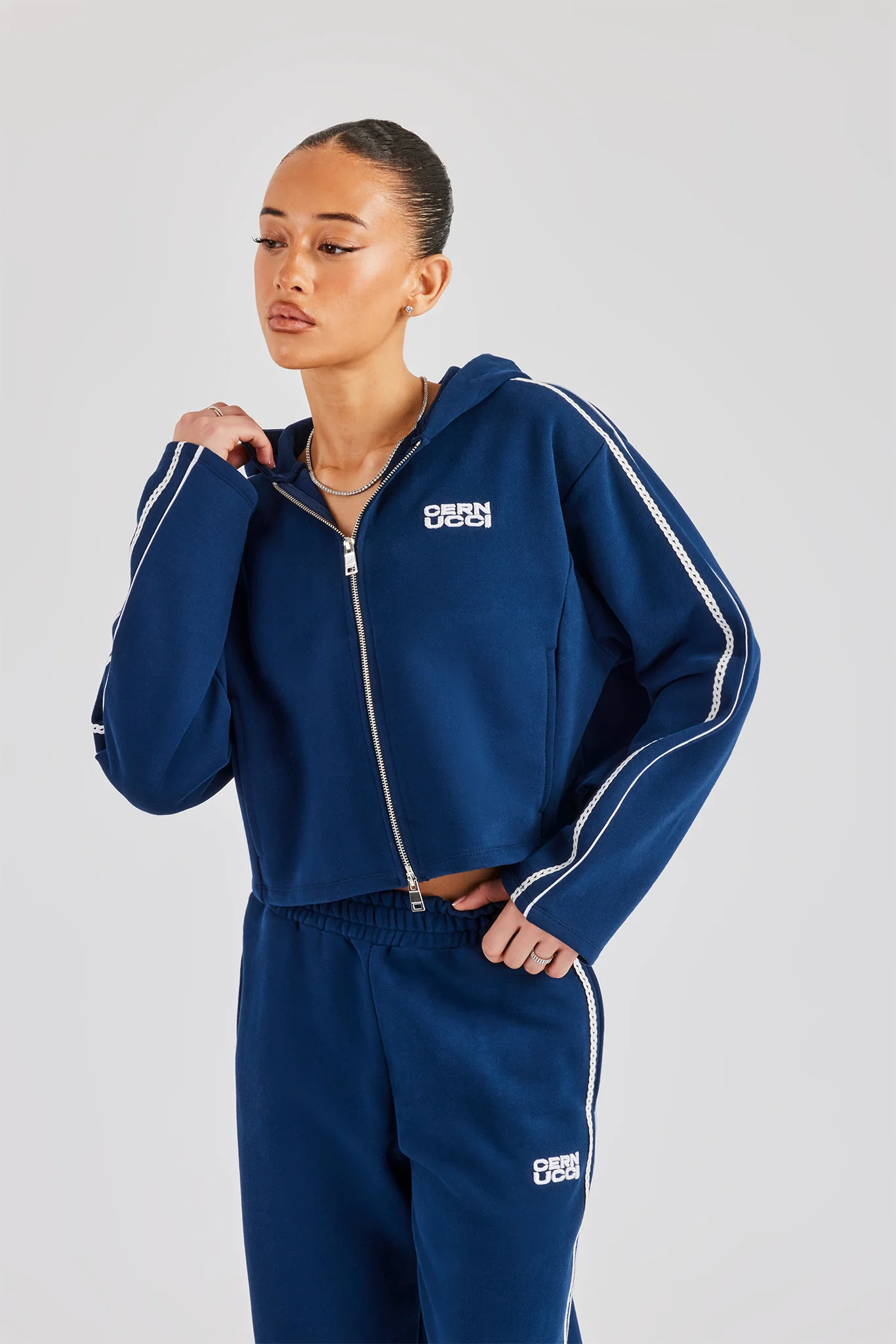 Boxy Lace Edge Zip Through - Navy Blue - Image 2