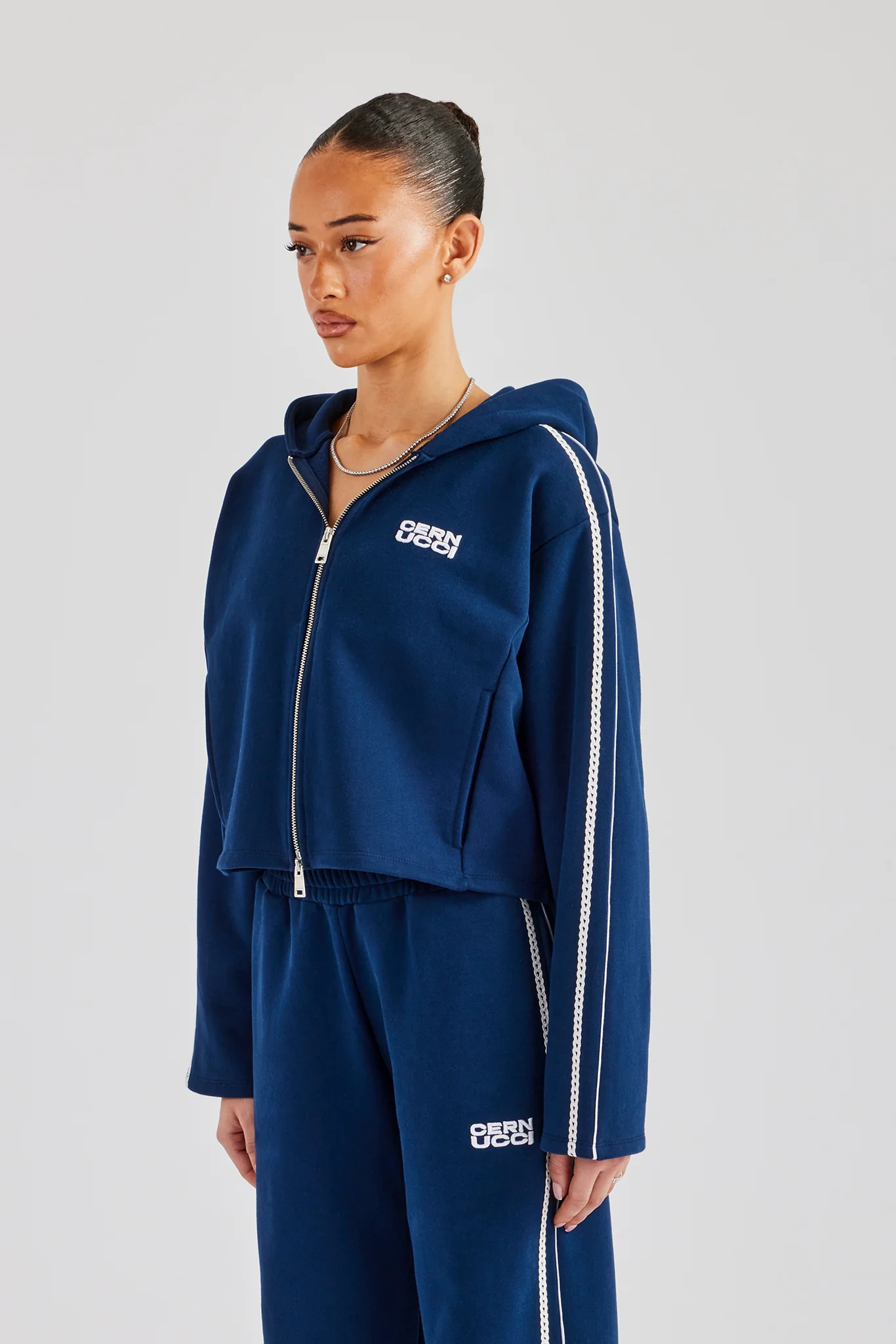 Boxy Lace Edge Zip Through - Navy Blue - Image 3