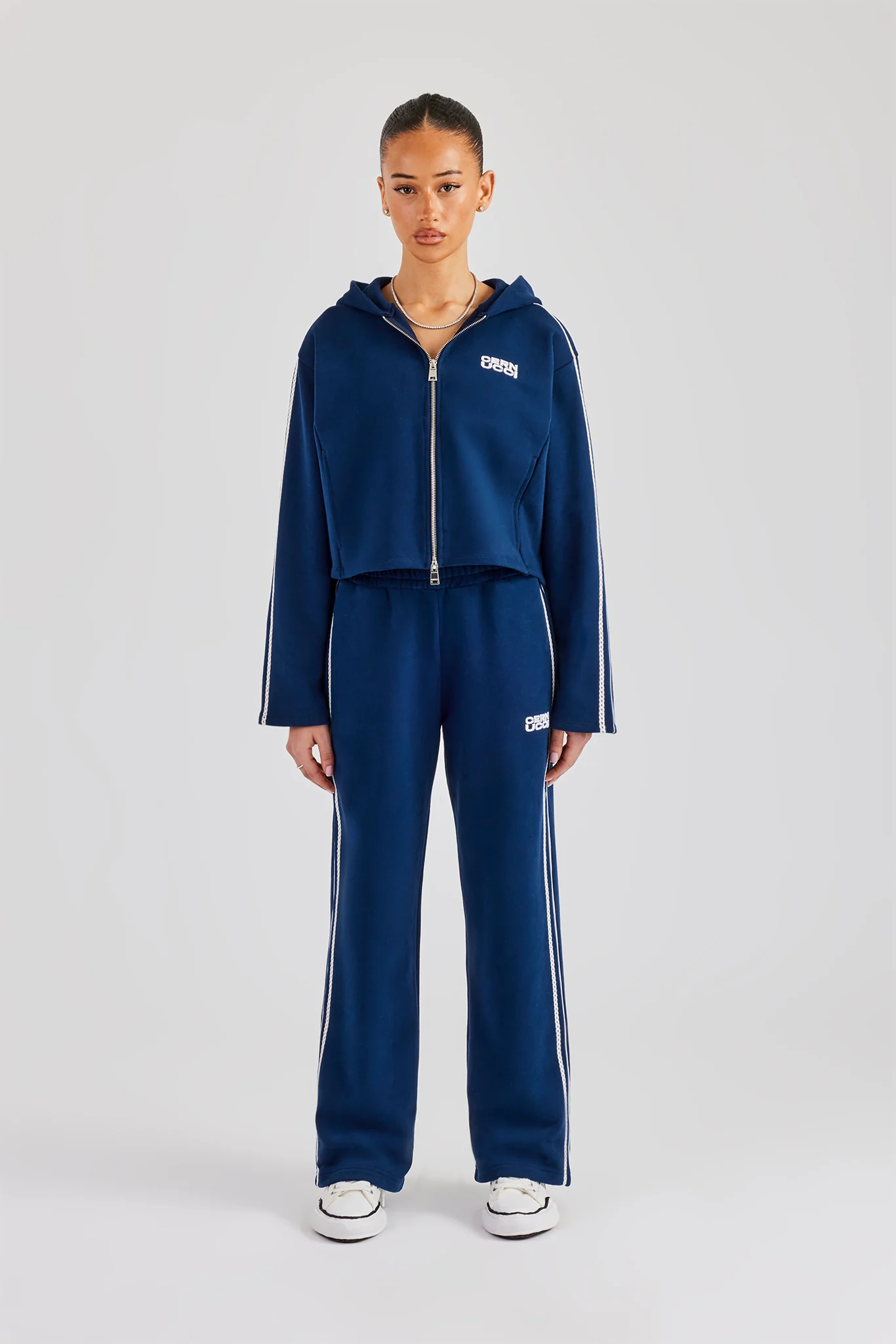 Boxy Lace Edge Zip Through Tracksuit - Navy Blue - Image 2