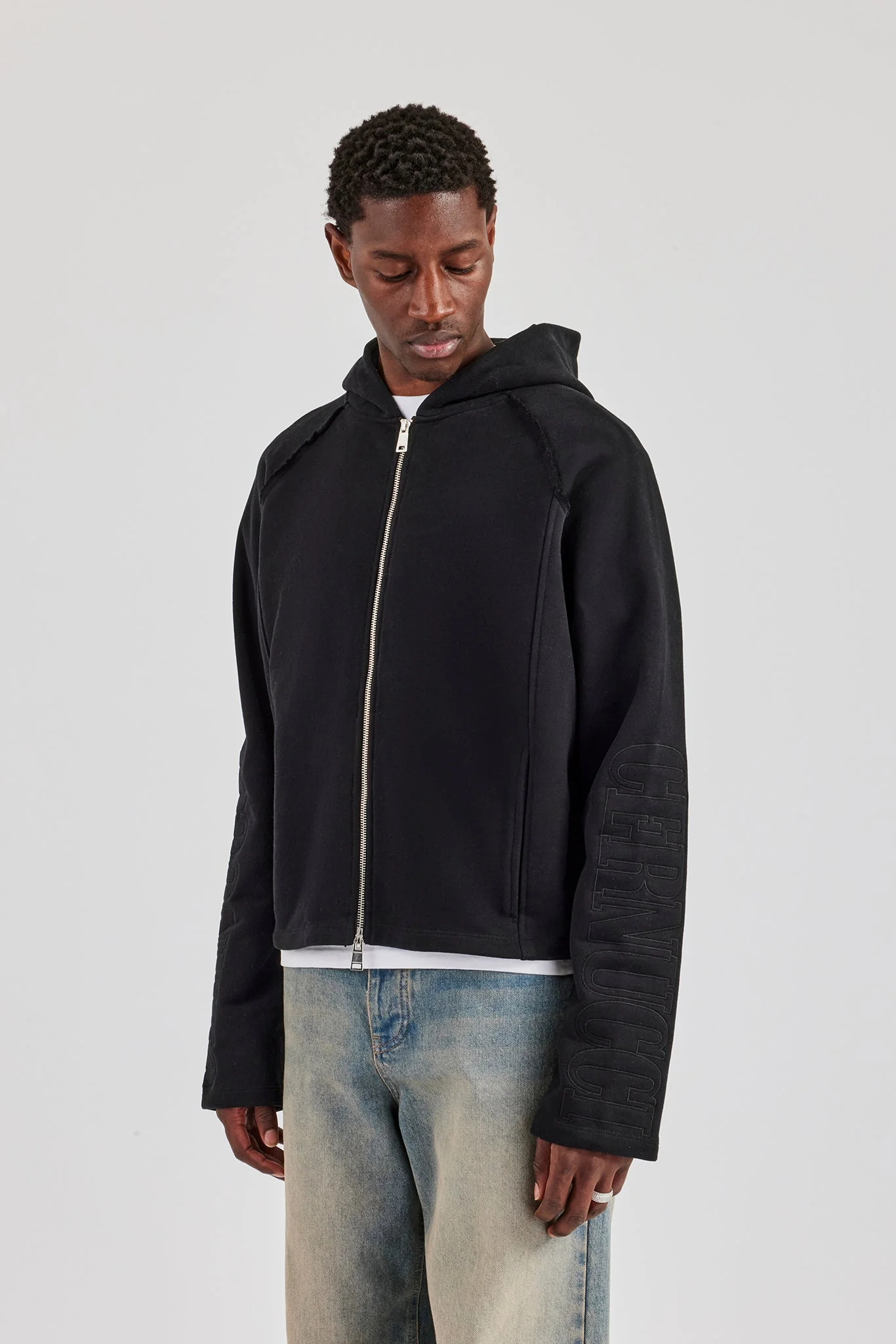 Boxy Raglan Embroidered Zip Through - Black - Image 4