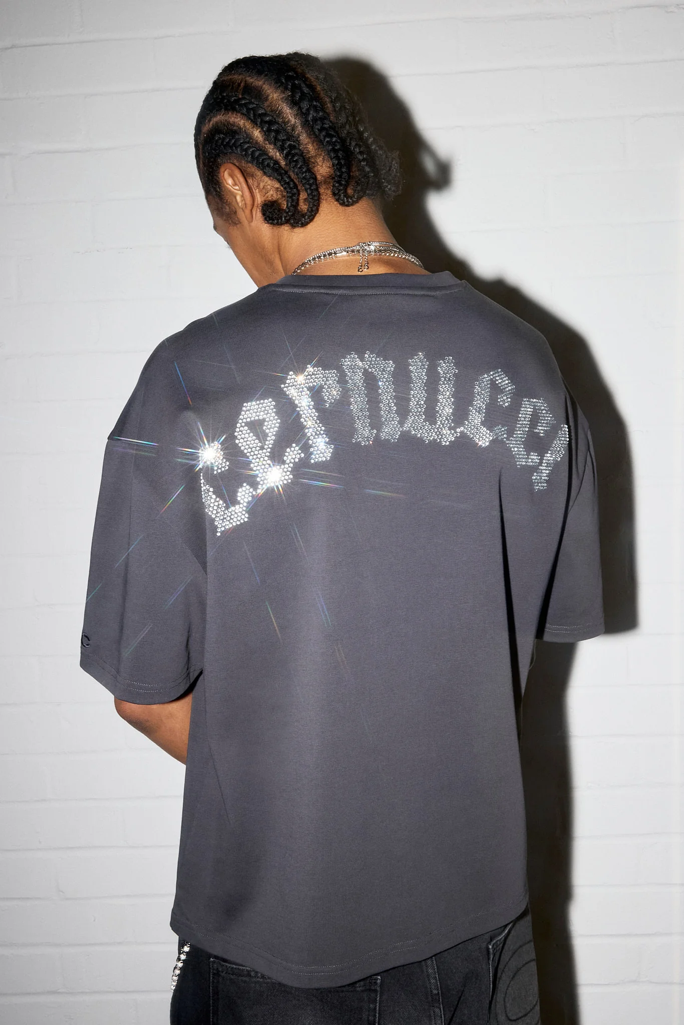 Boxy Rhinestone Logo T-Shirt - Charcoal