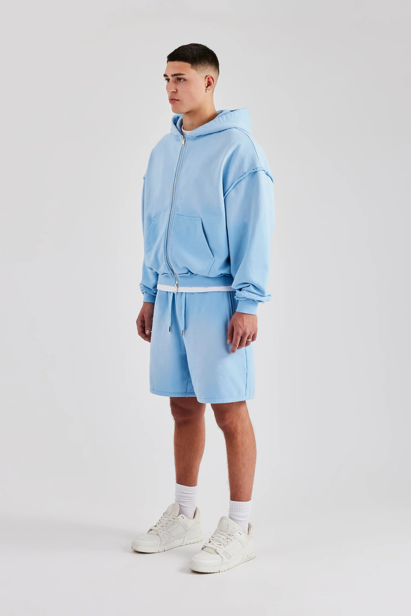 Boxy Washed Raw Edge Zip Through Hoodie & Jort - Light Blue - Image 2