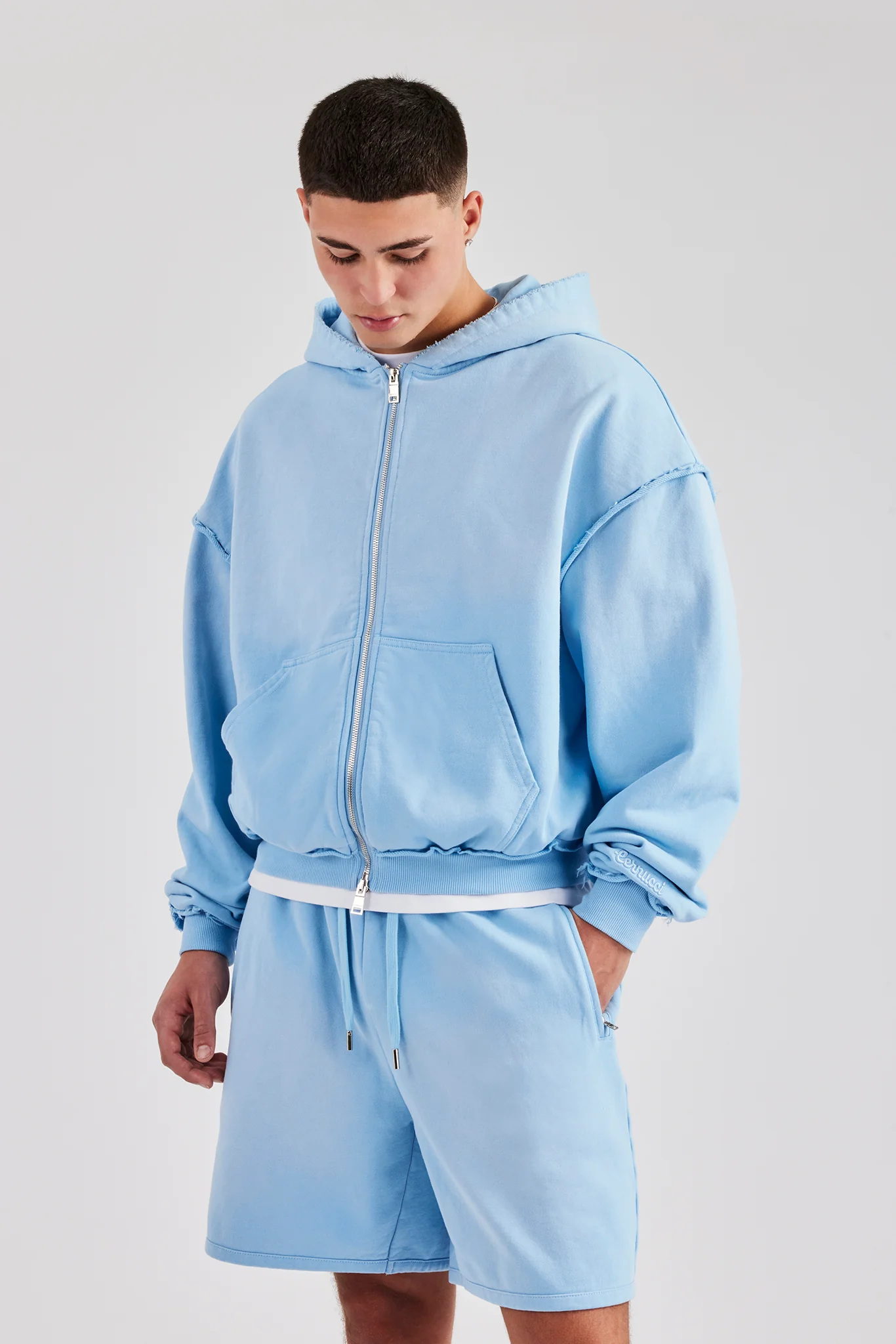 Boxy Washed Raw Edge Zip Through Hoodie & Jort - Light Blue - Image 5