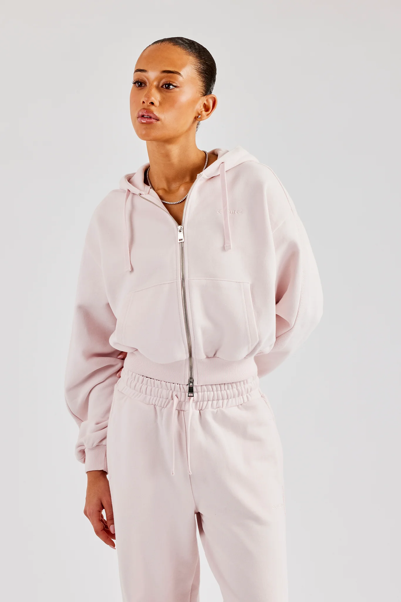 Boxy Zip Through Panelled Hoodie - Pink - Image 2