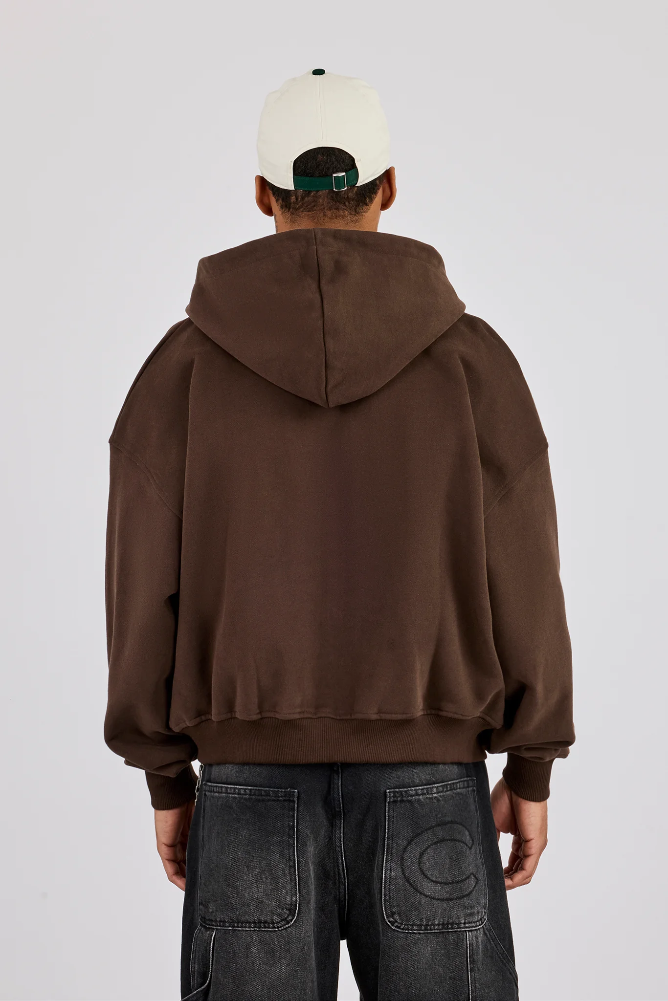 Boxy Zip Through Printed Hoodie - Chocolate - Image 3