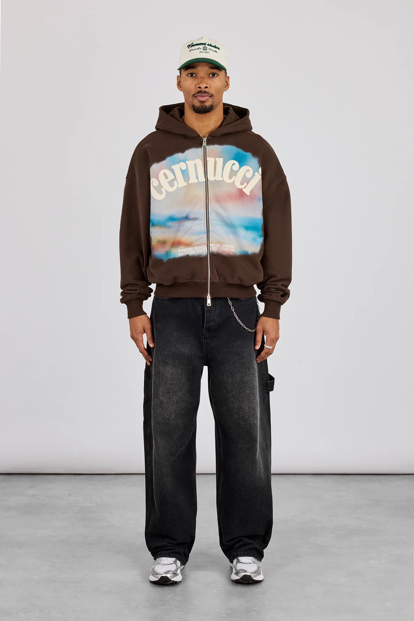 Boxy Zip Through Printed Hoodie - Chocolate - Image 4