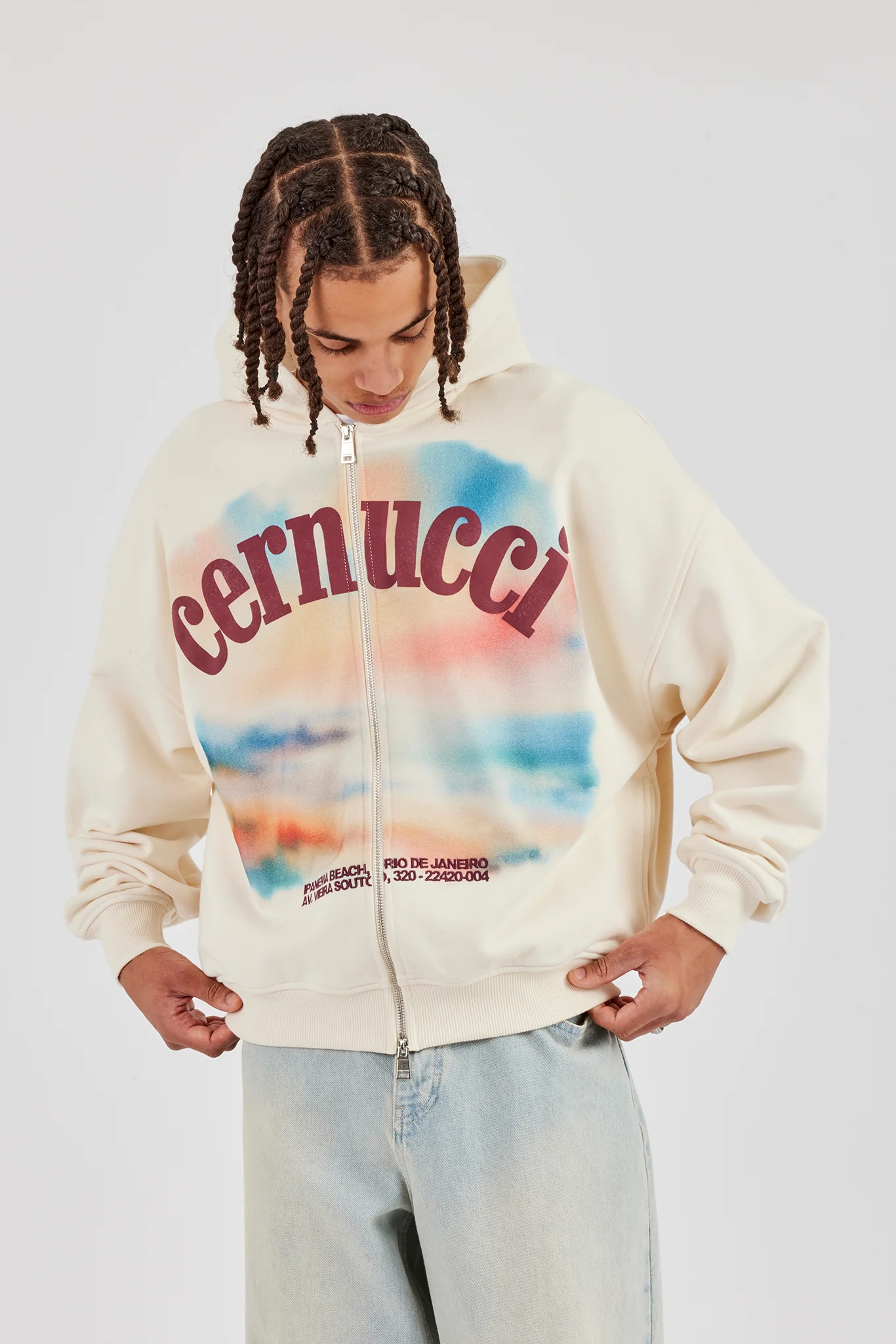 Boxy Zip Through Printed Hoodie - Ecru