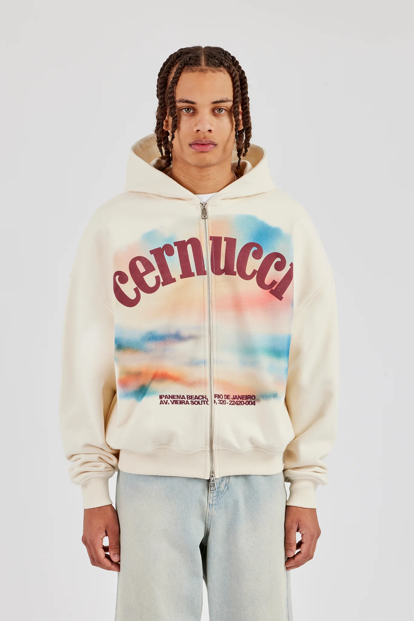 Boxy Zip Through Printed Hoodie - Ecru - Image 2