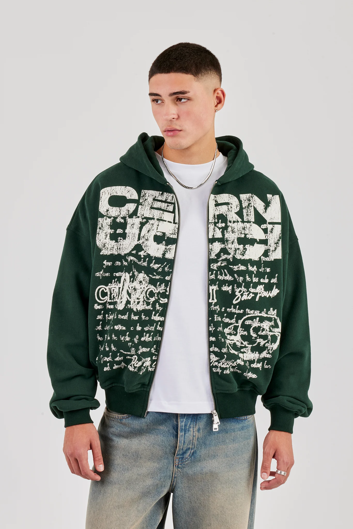 Boxy Zip Through Printed Hoodie - Forest Green - Image 4