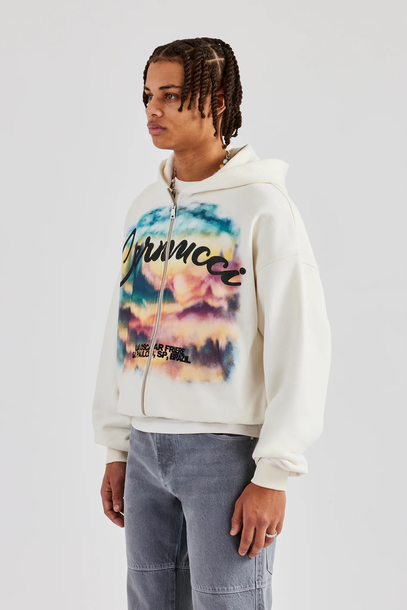 Boxy Zip Through Printed Hoodie - Off White - Image 2