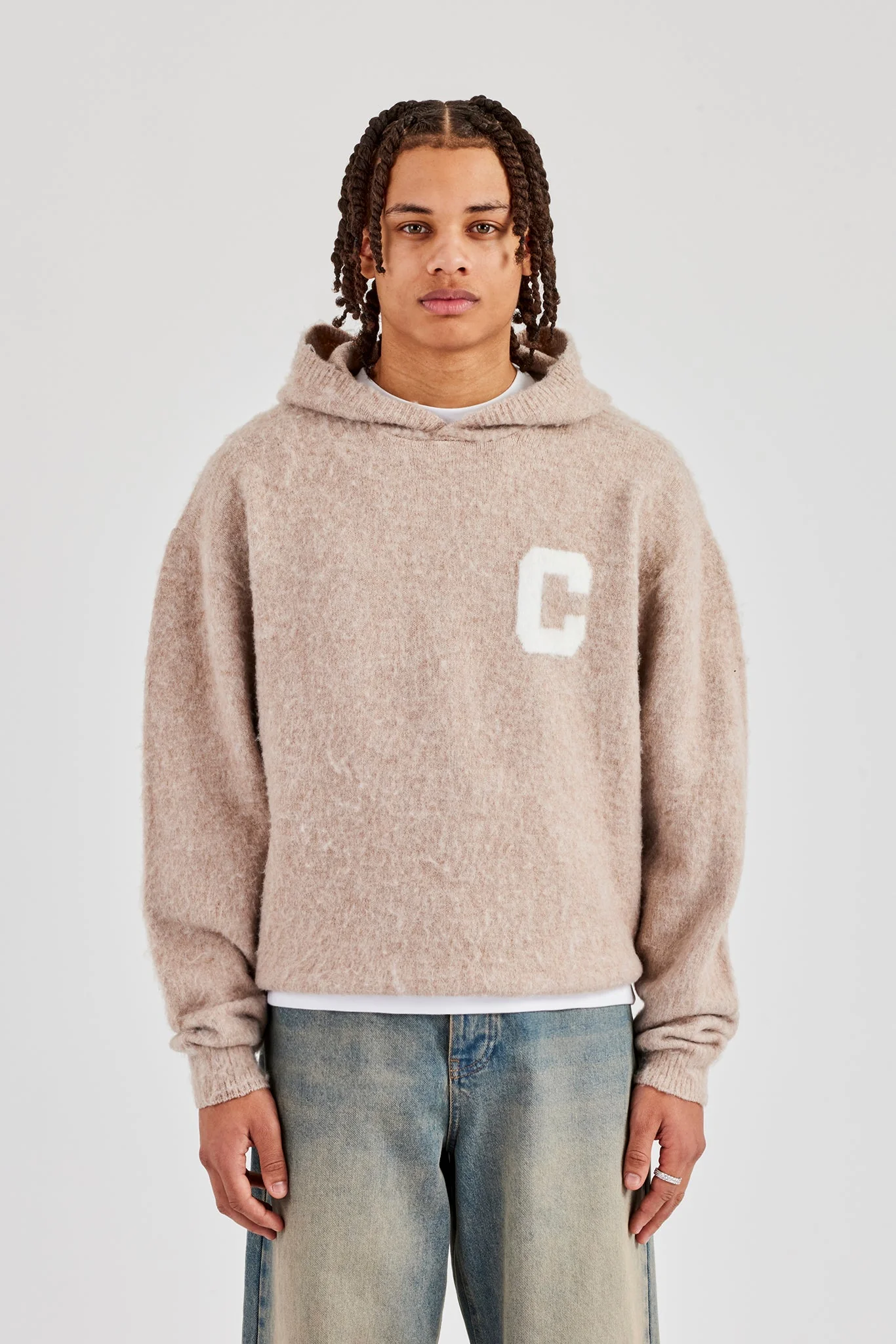 Brushed Knit Oversized Knitted Hoodie - Stone - Image 2
