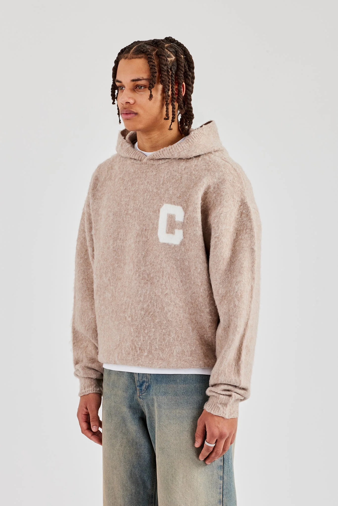Brushed Knit Oversized Knitted Hoodie - Stone - Image 3