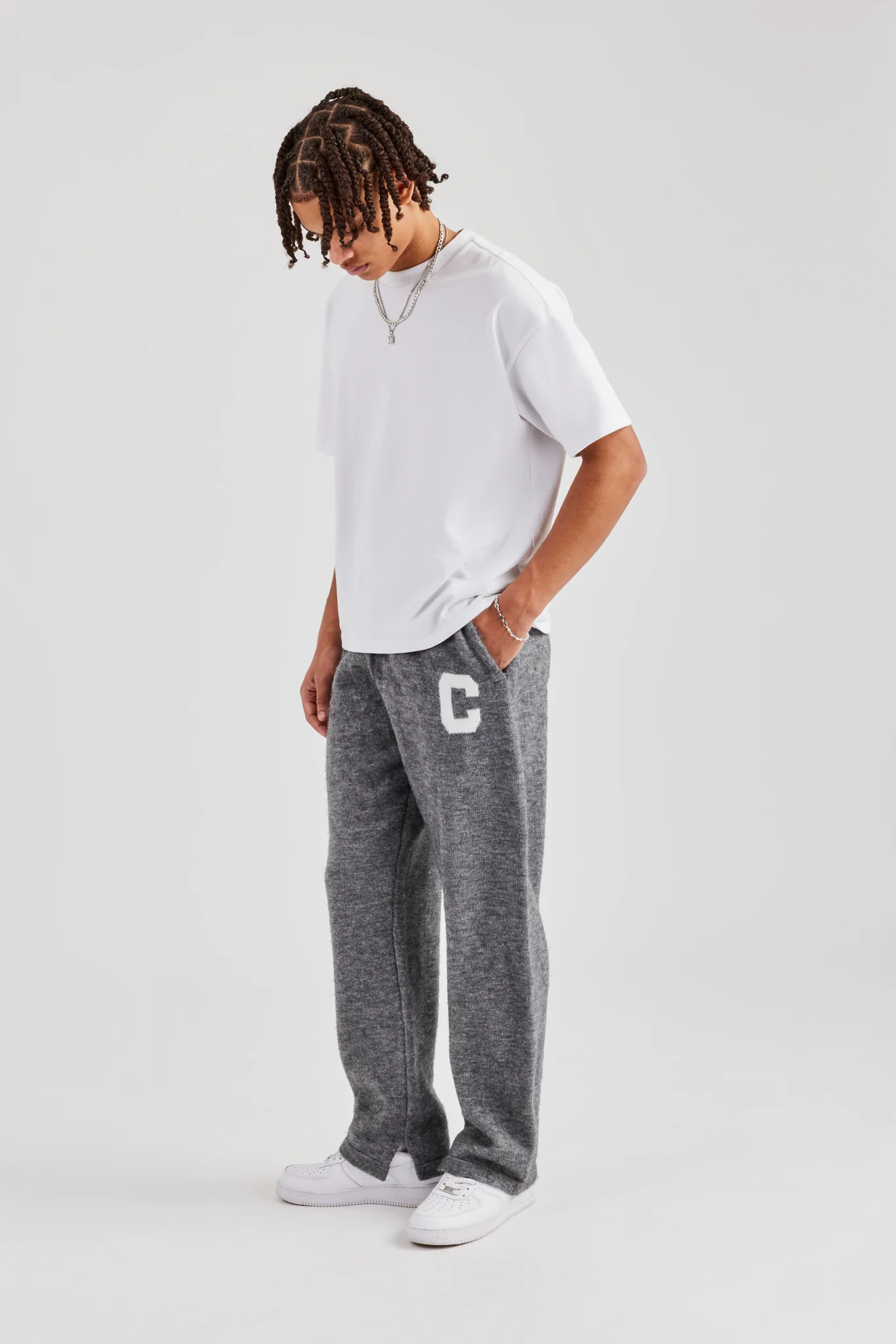 Brushed Knit Split Hem Knitted Jogger- Charcoal - Image 4