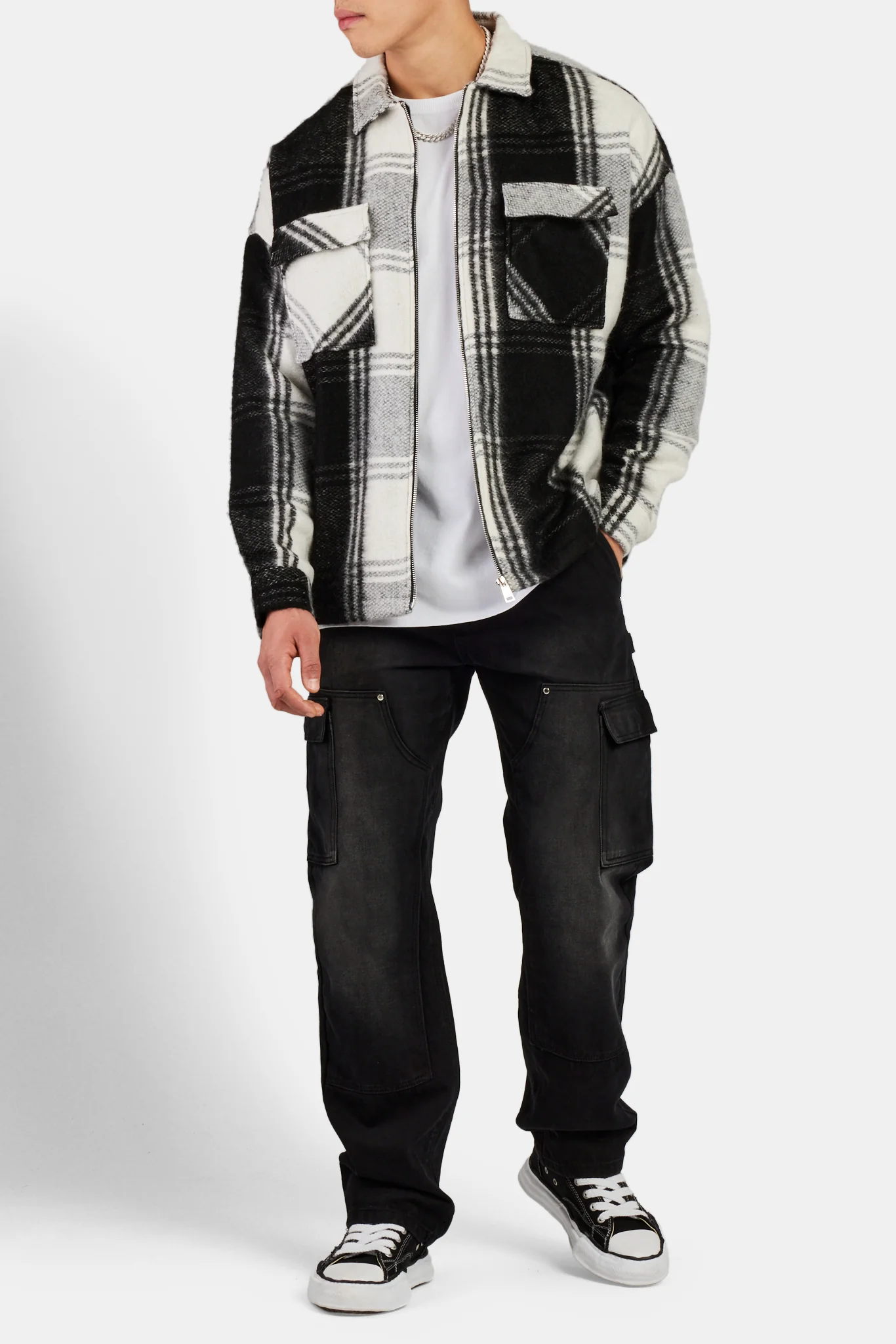 Brushed Lines Check Zip Overshirt - Black - Image 3