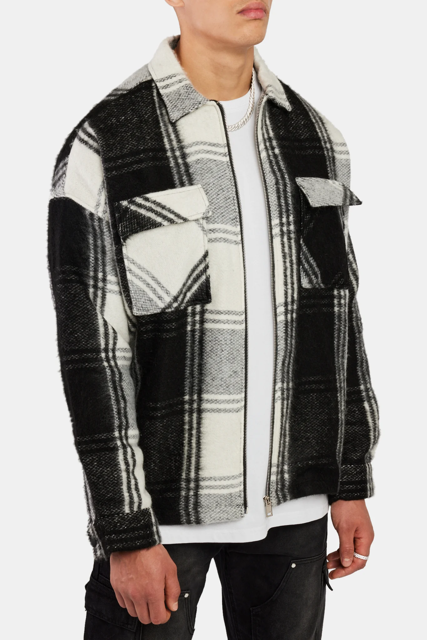 Brushed Lines Check Zip Overshirt - Black - Image 5