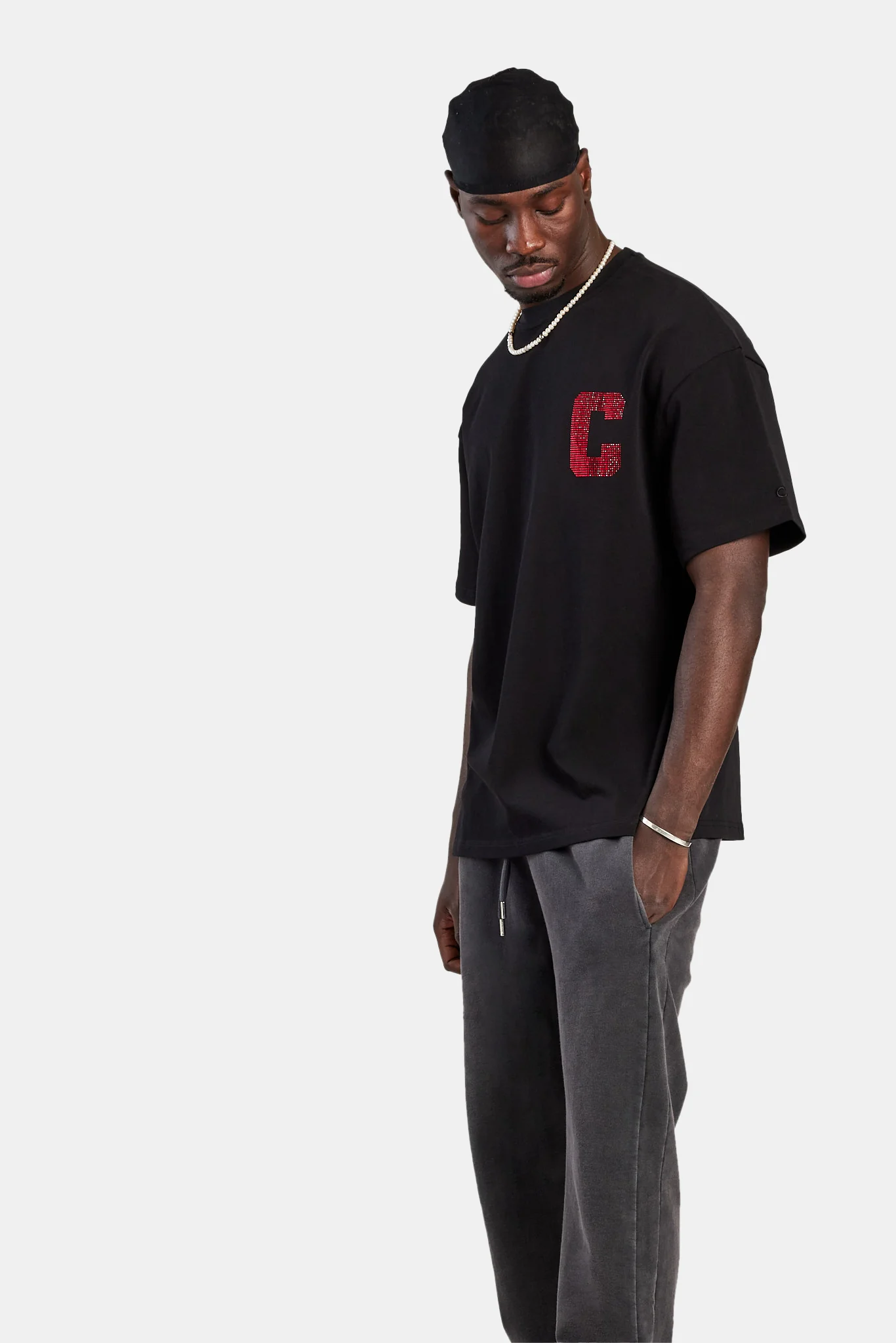 C Rhinestone Oversized T-Shirt - Black - Image 2