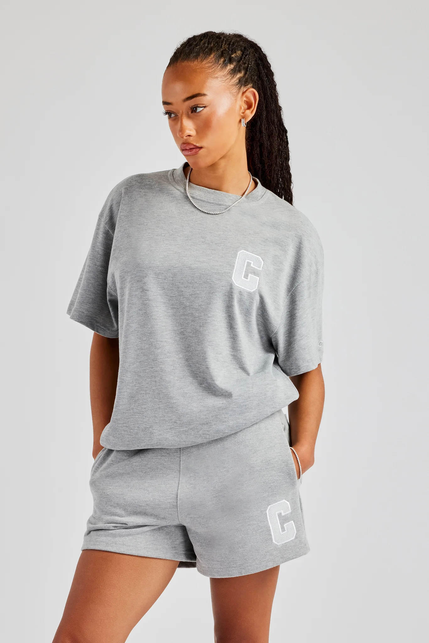 C Embroidered Oversized T-Shirt - Grey Marl - Image 2