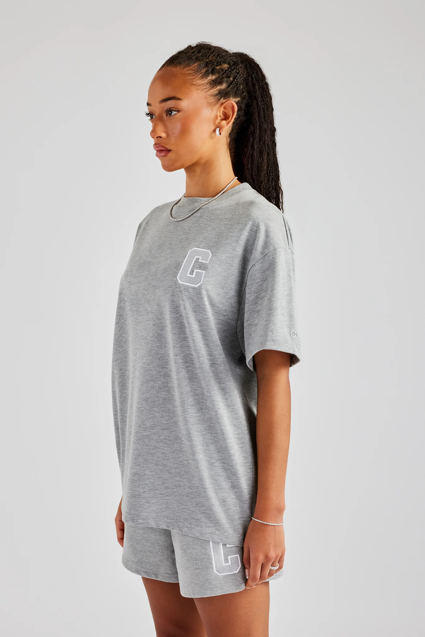 C Embroidered Oversized T-Shirt - Grey Marl - Image 4