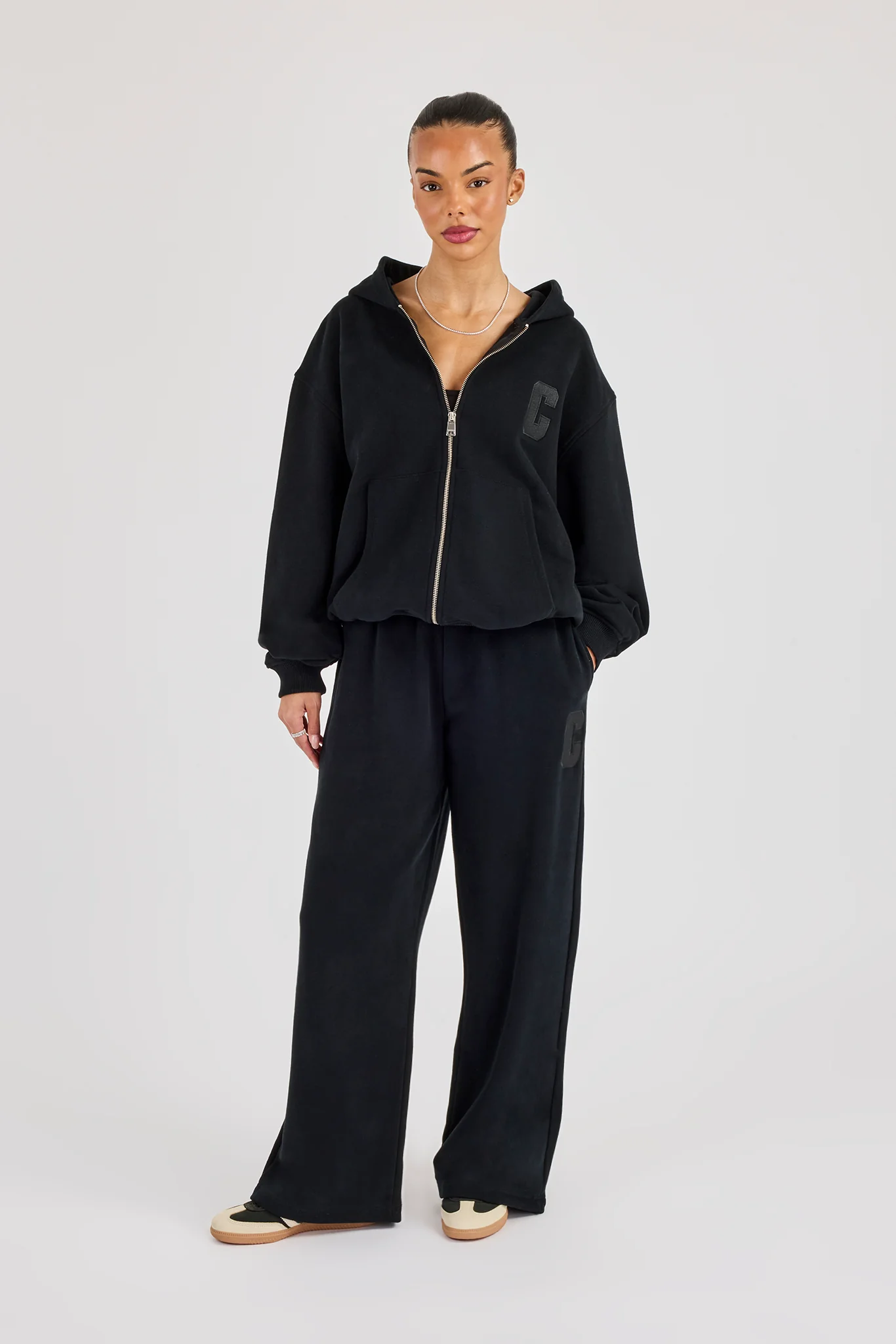 C Embroidered Wide Leg Jogger - Black - Image 4