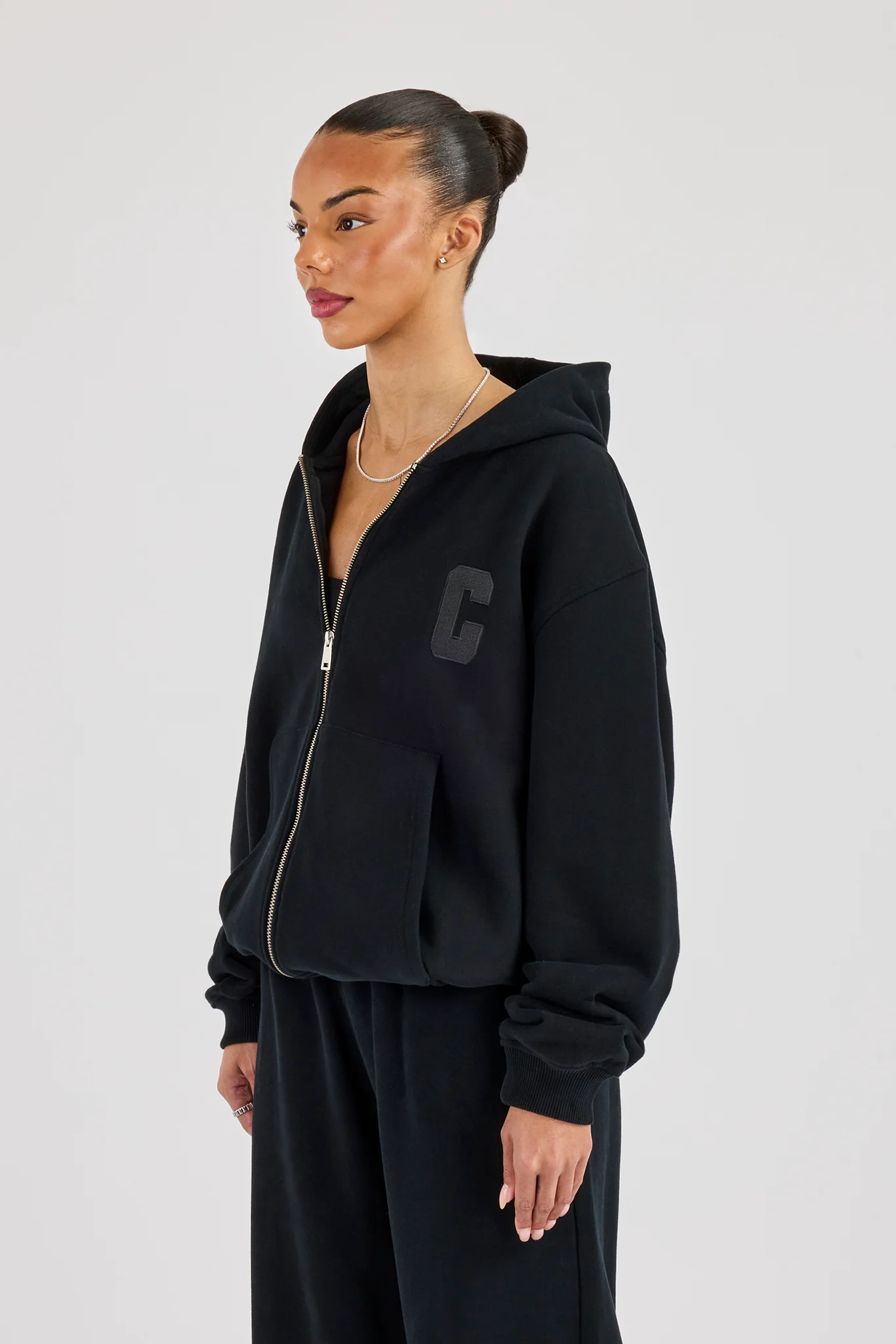 C Embroidered Zip Through Hoodie - Black - Image 3