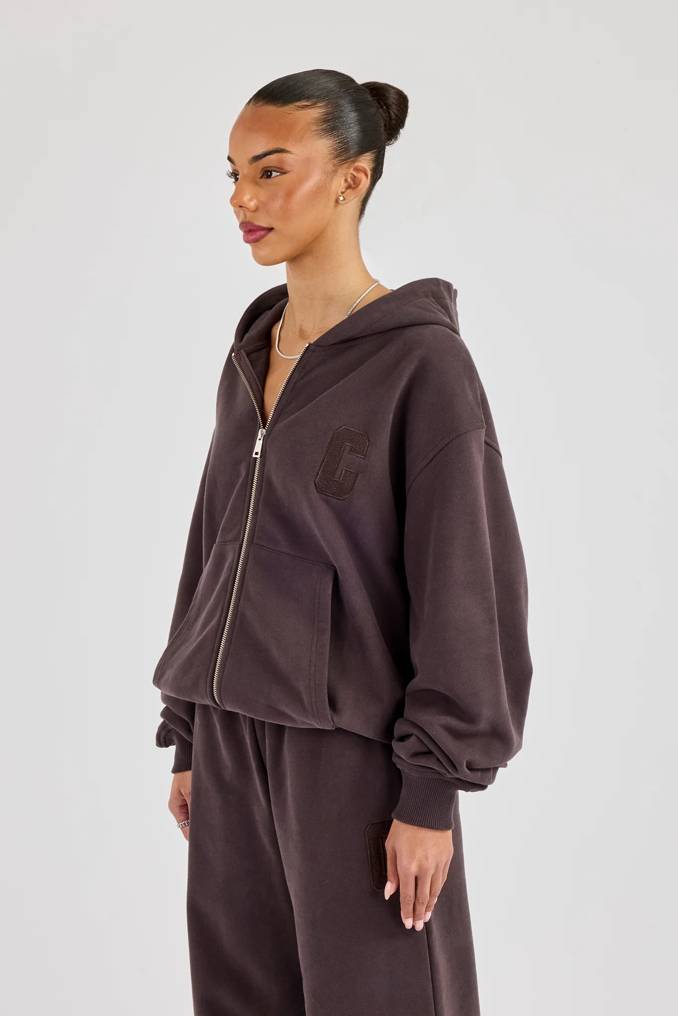 C Embroidered Zip Through Hoodie - Coffee - Image 2