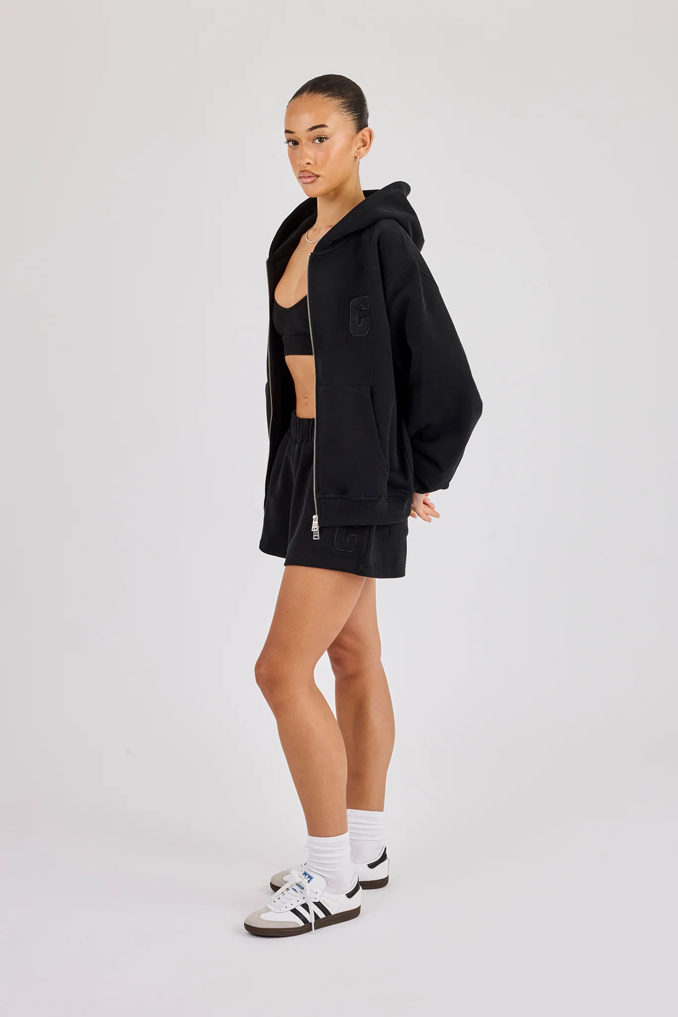 C Embroidered Zip Through Hoodie & Short - Black - Image 2