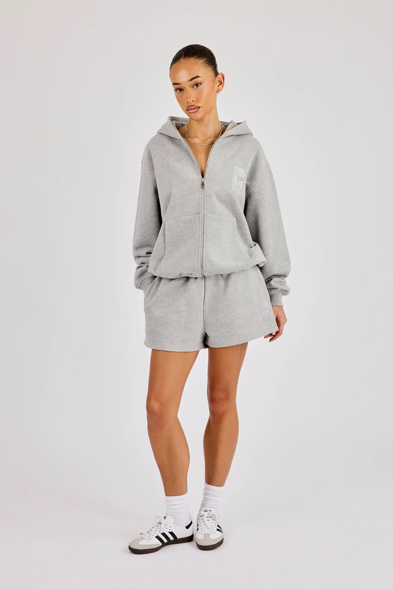 C Embroidered Zip Through Hoodie & Short - Grey Marl - Image 2