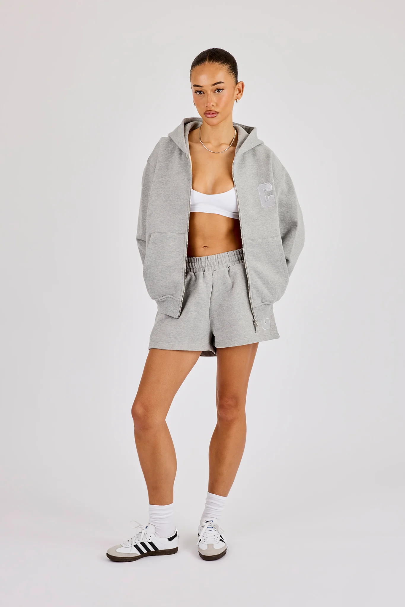C Embroidered Zip Through Hoodie & Short - Grey Marl - Image 3