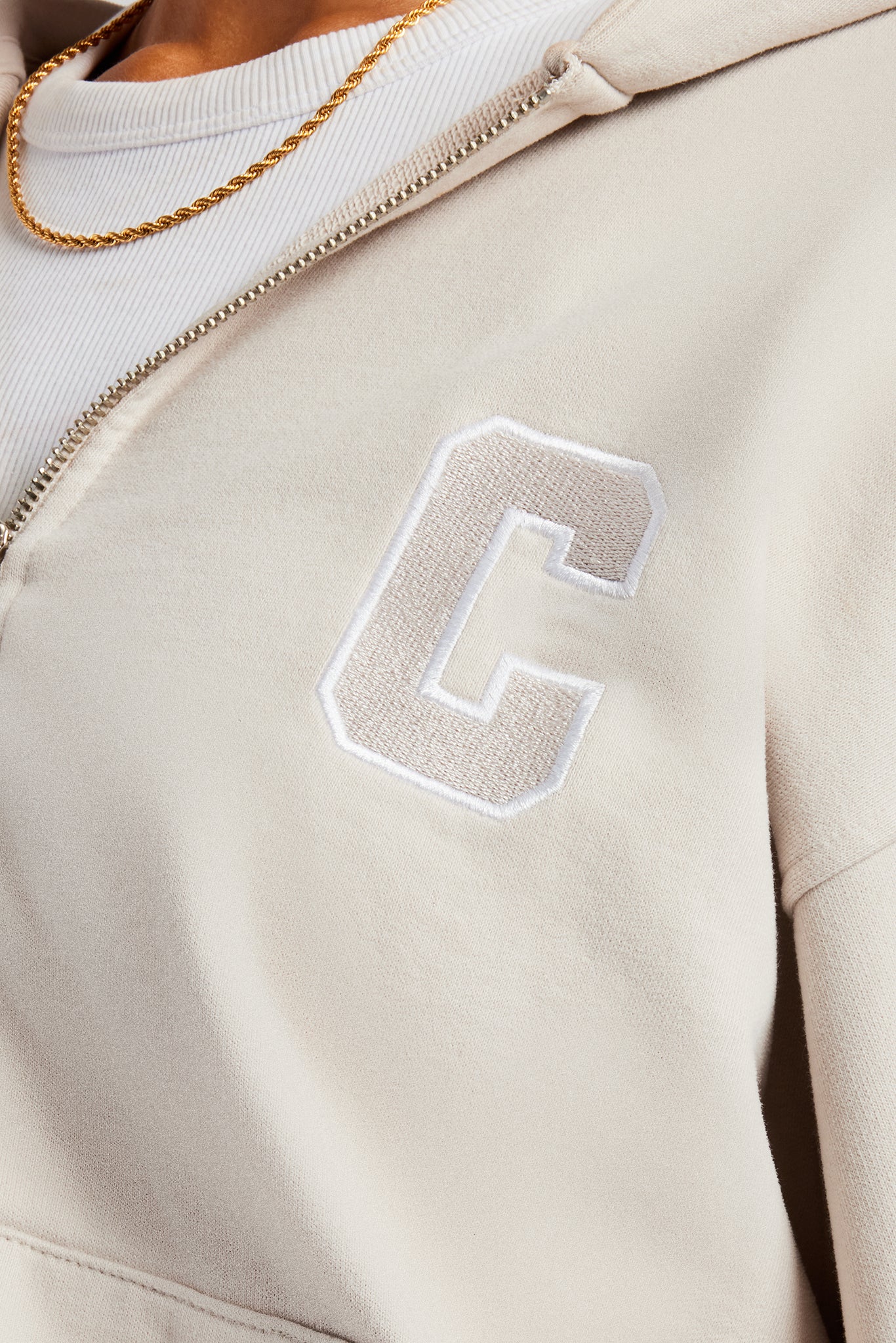 C Embroidered Zip Through Hoodie & Short Set - Stone - Image 3