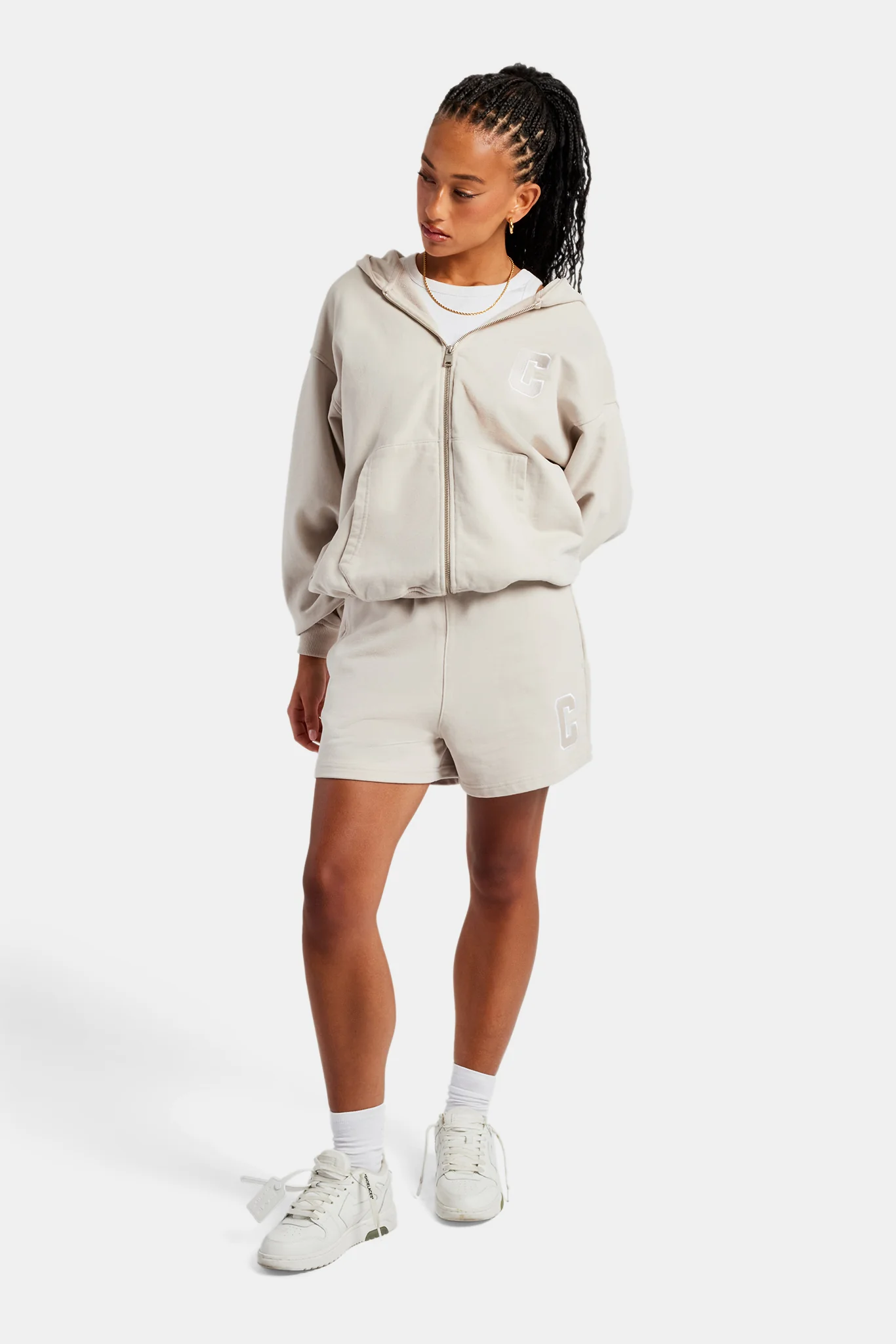 C Embroidered Zip Through Hoodie & Short Set - Stone - Image 6