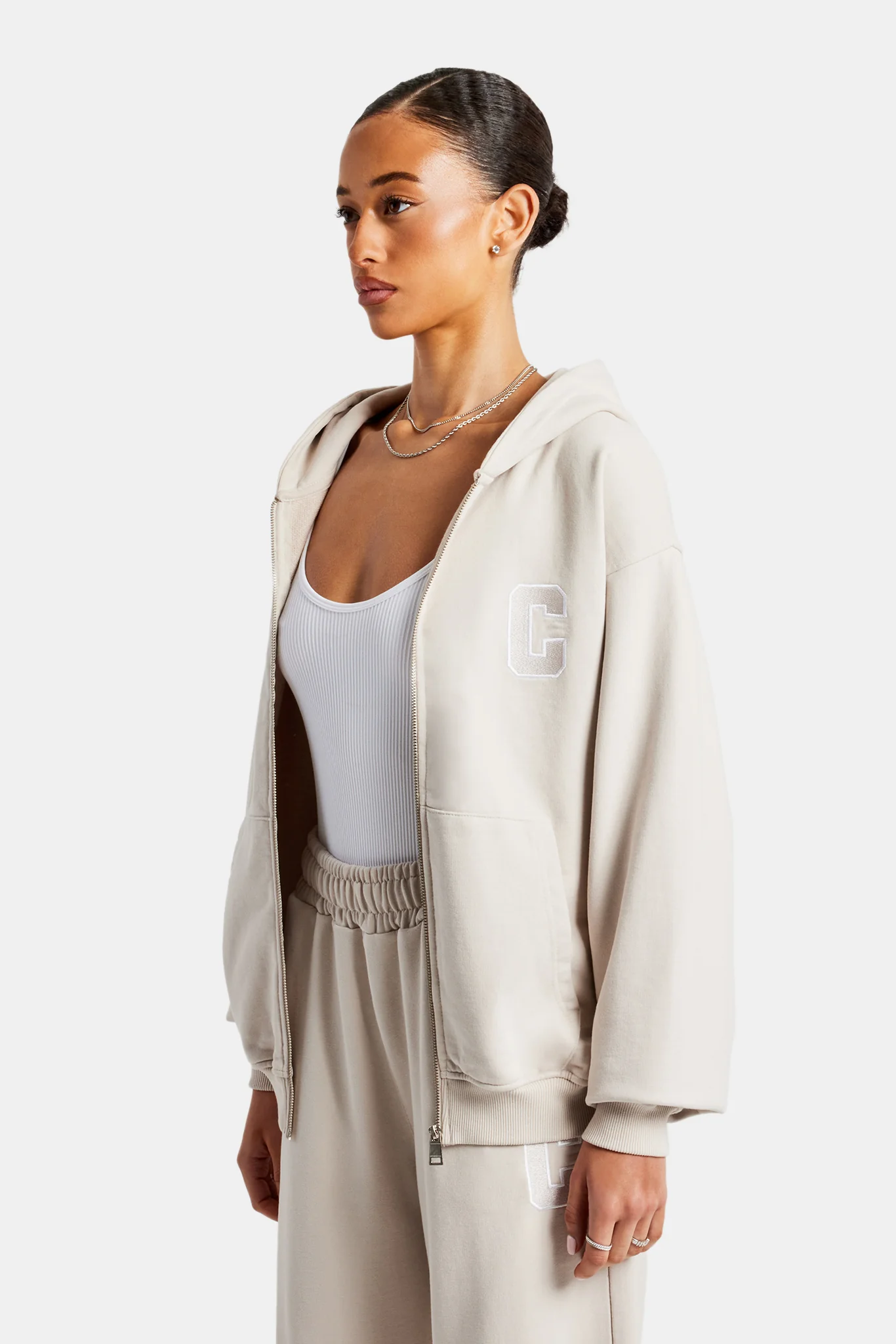 C Embroidered Zip Through Hoodie - Stone - Image 5