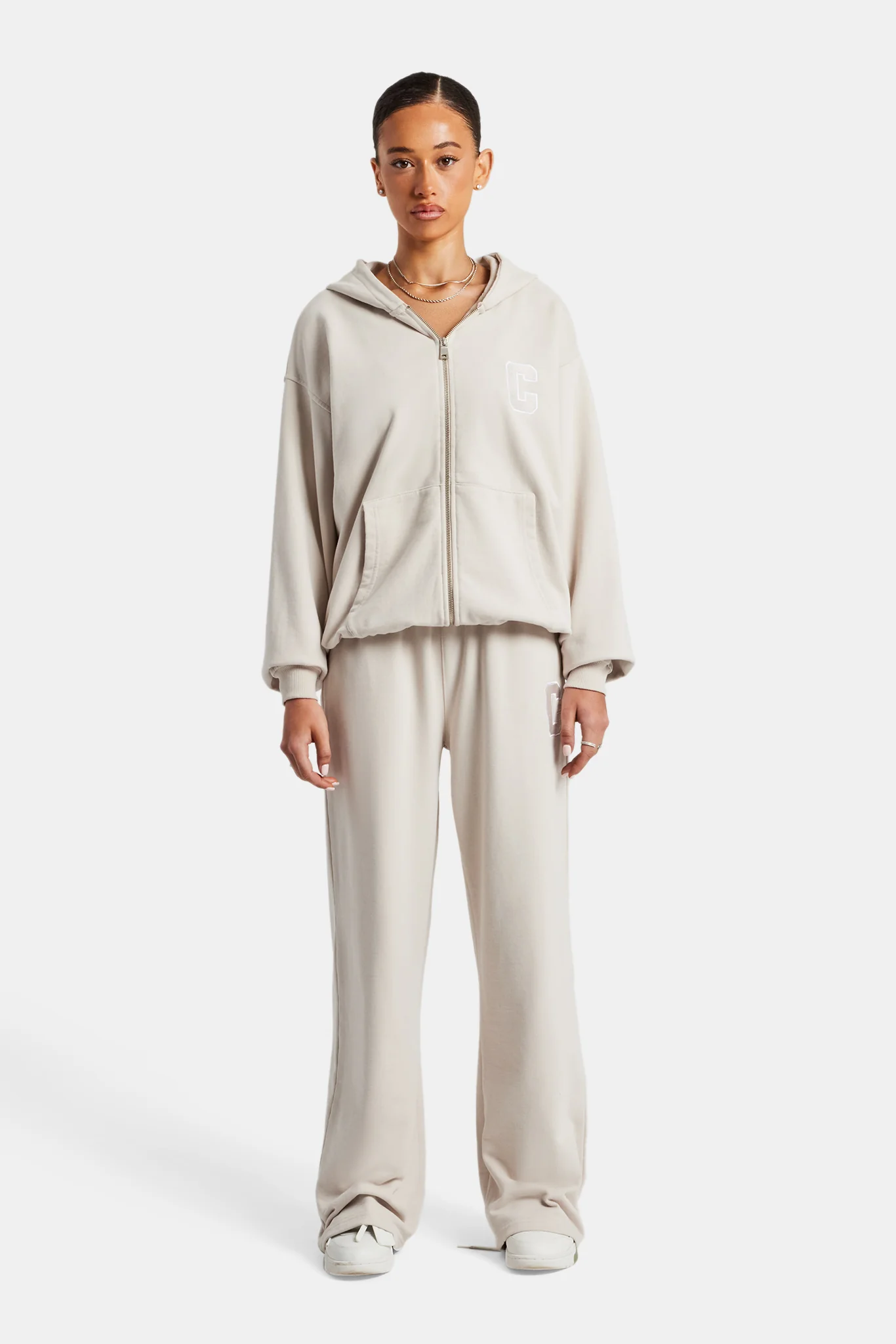 C Embroidered Zip Through Hoodie - Stone - Image 6
