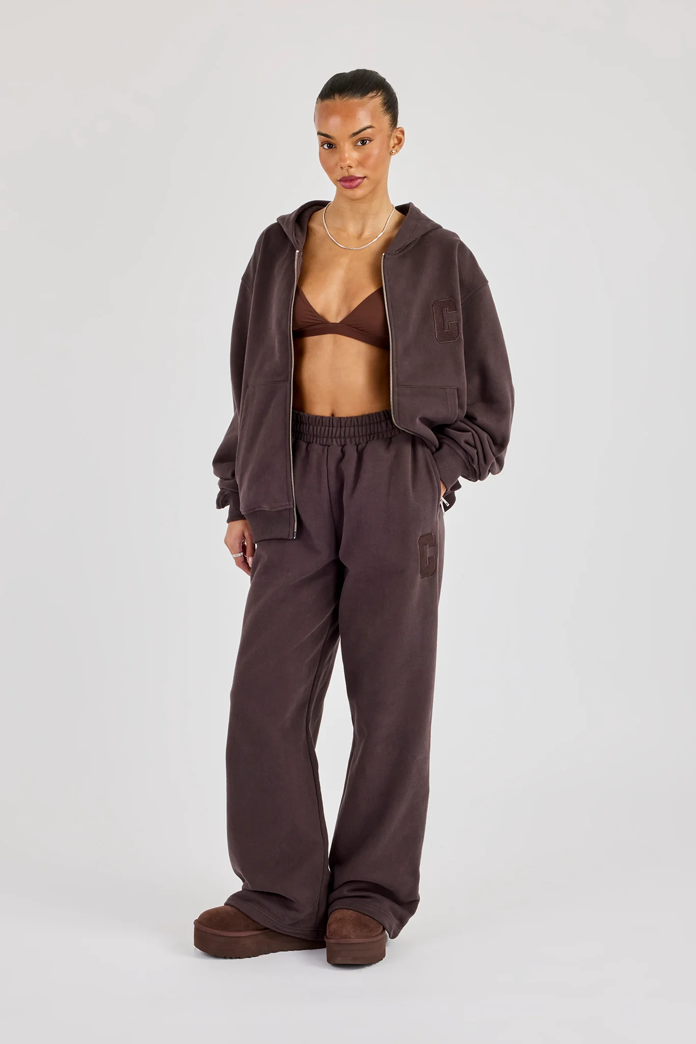 C Embroidered Zip Through Hoodie & Wide Leg Jogger - Coffee - Image 3