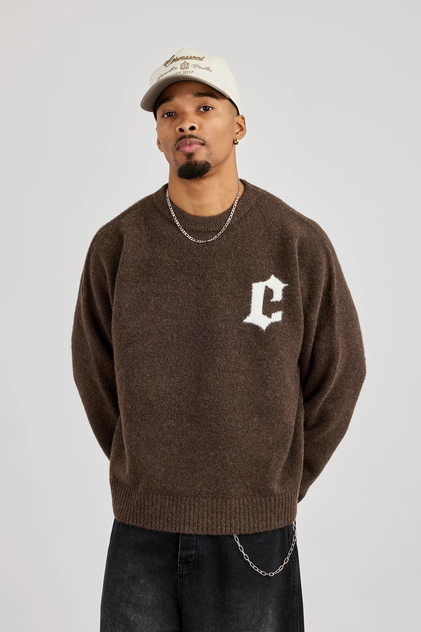 C Intarsia Knitted Sweatshirt - Dark Brown - Image 5