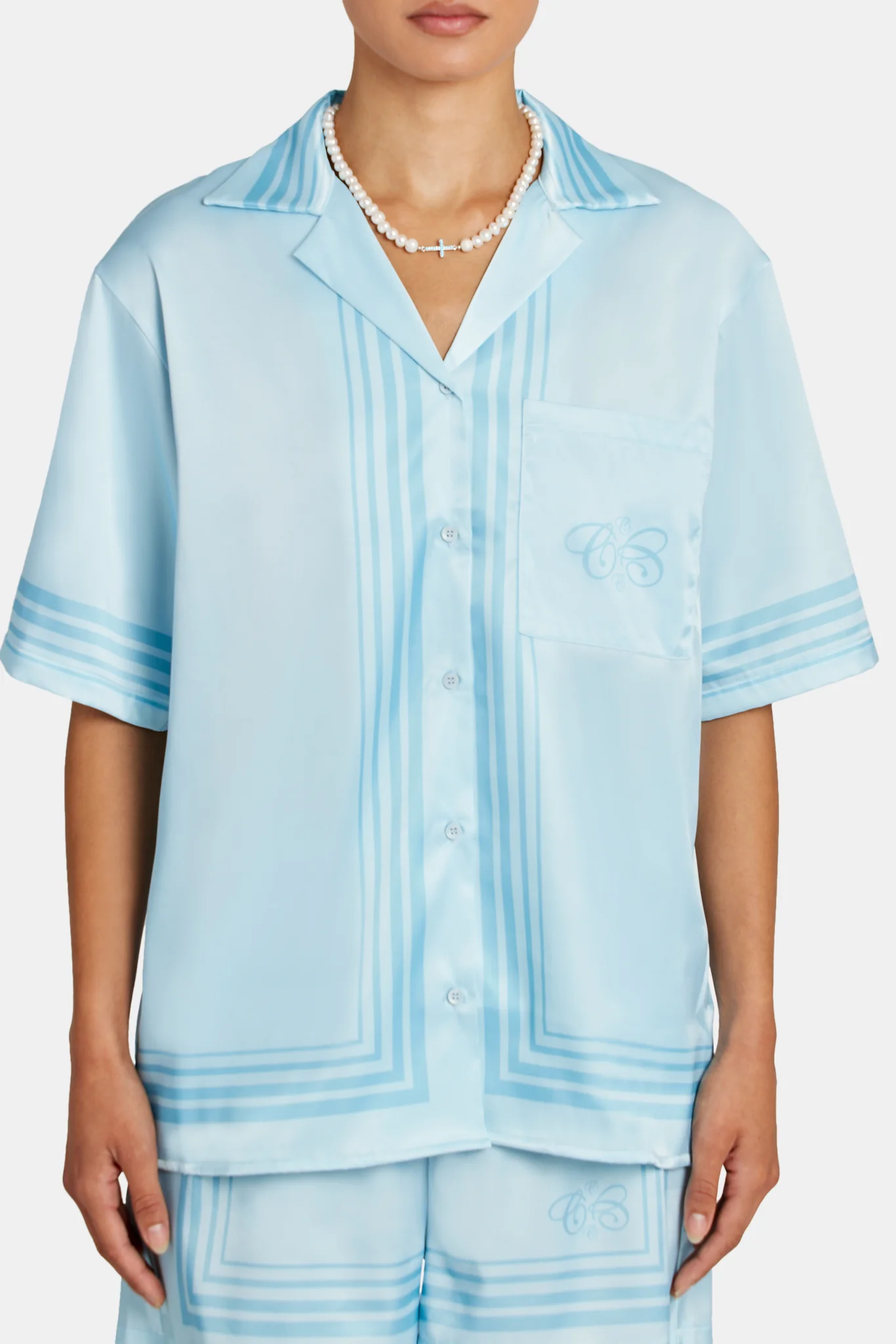 C Logo Border Satin Shirt - Blue - Image 2