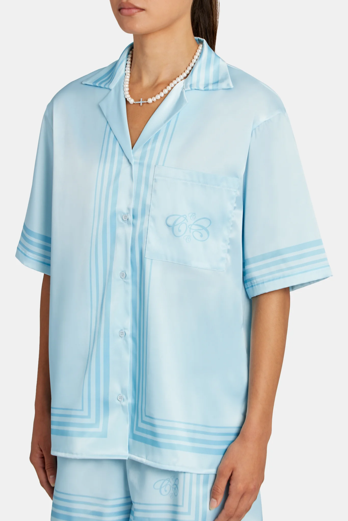 C Logo Border Satin Shirt - Blue - Image 3