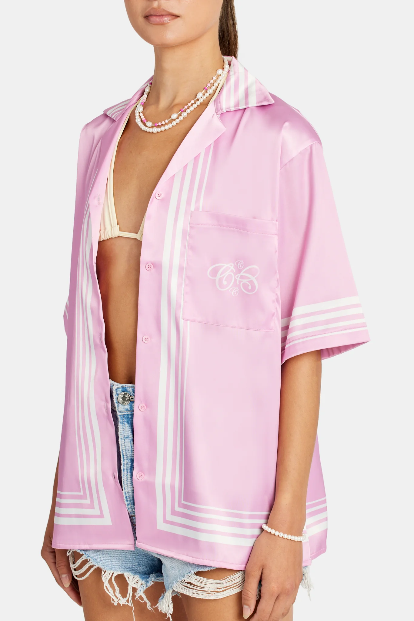 C Logo Border Satin Shirt - Pink - Image 2