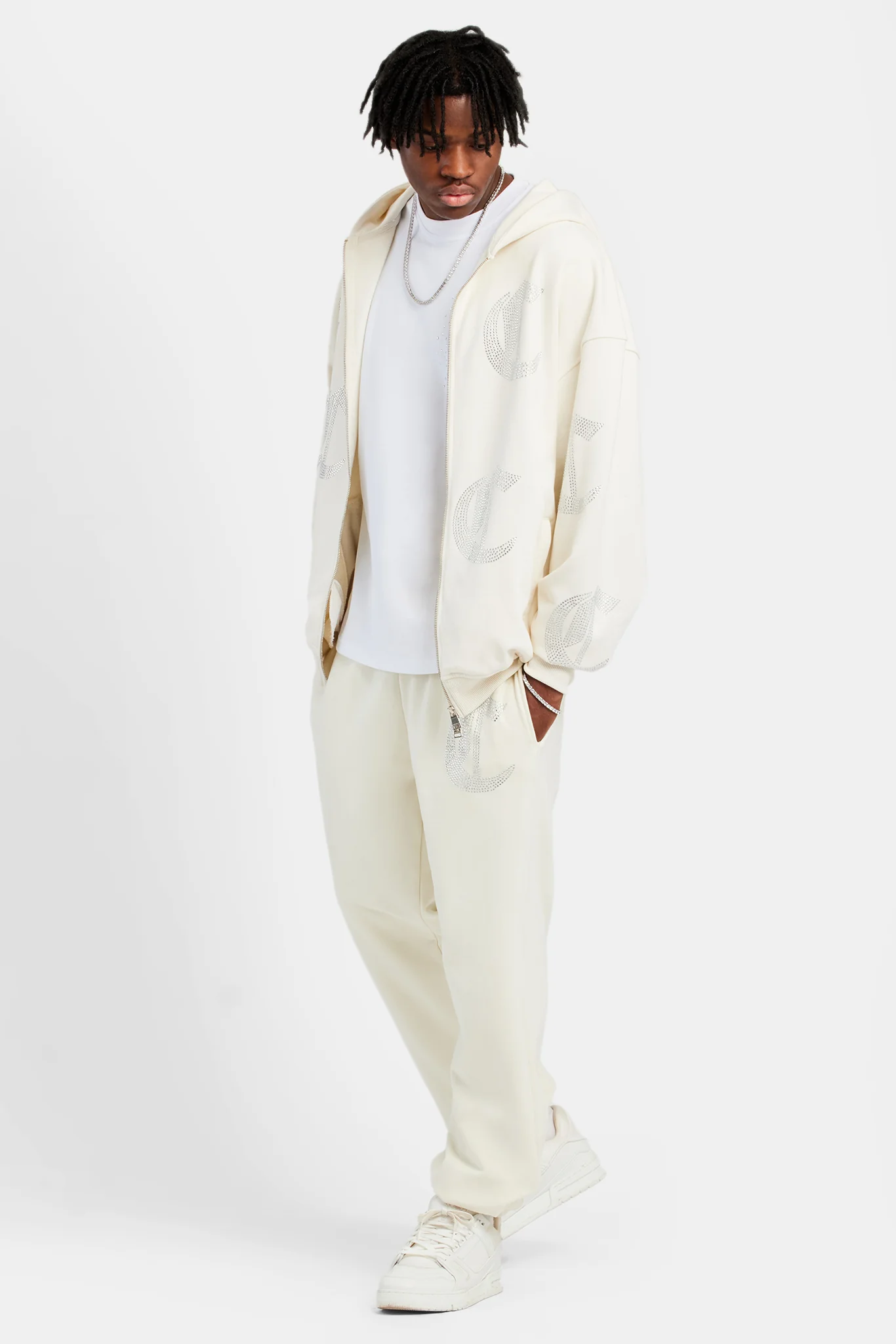 C Repeat Rhinestone Zip Through Hoodie - Ecru - Image 2