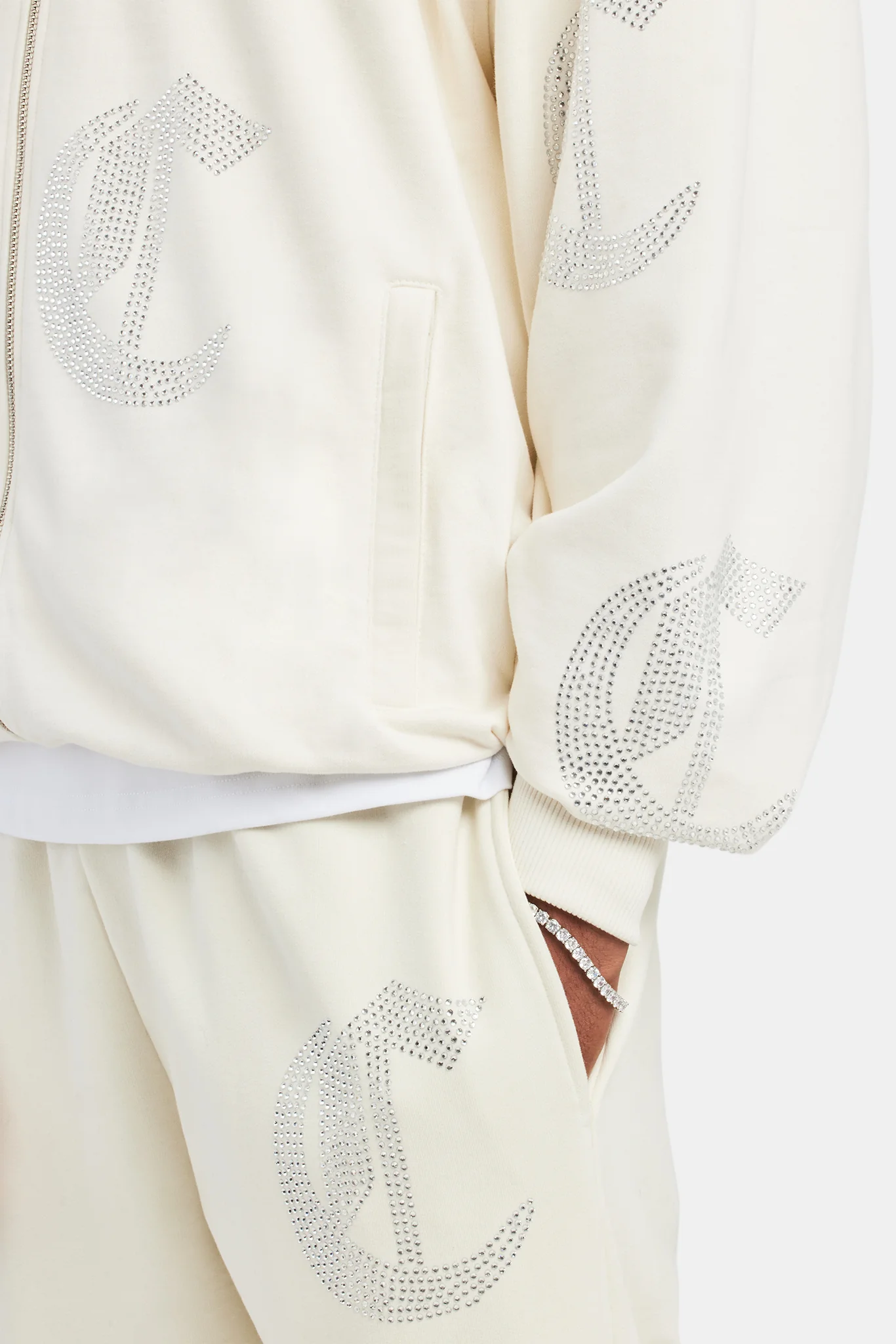 C Repeat Rhinestone Zip Through Hoodie - Ecru - Image 3