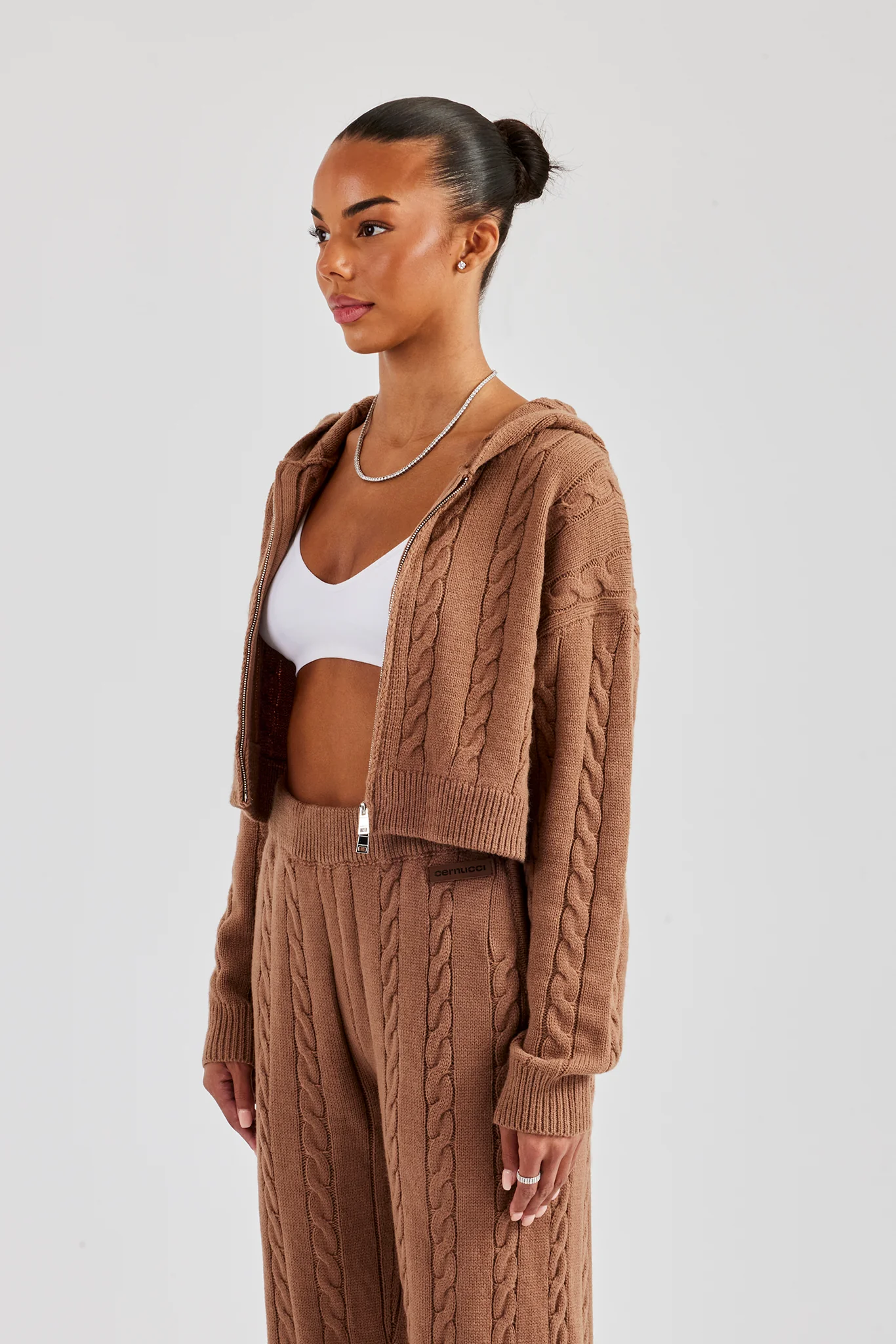 Cable Knit Cropped Knitted Hoodie - Tan - Image 4