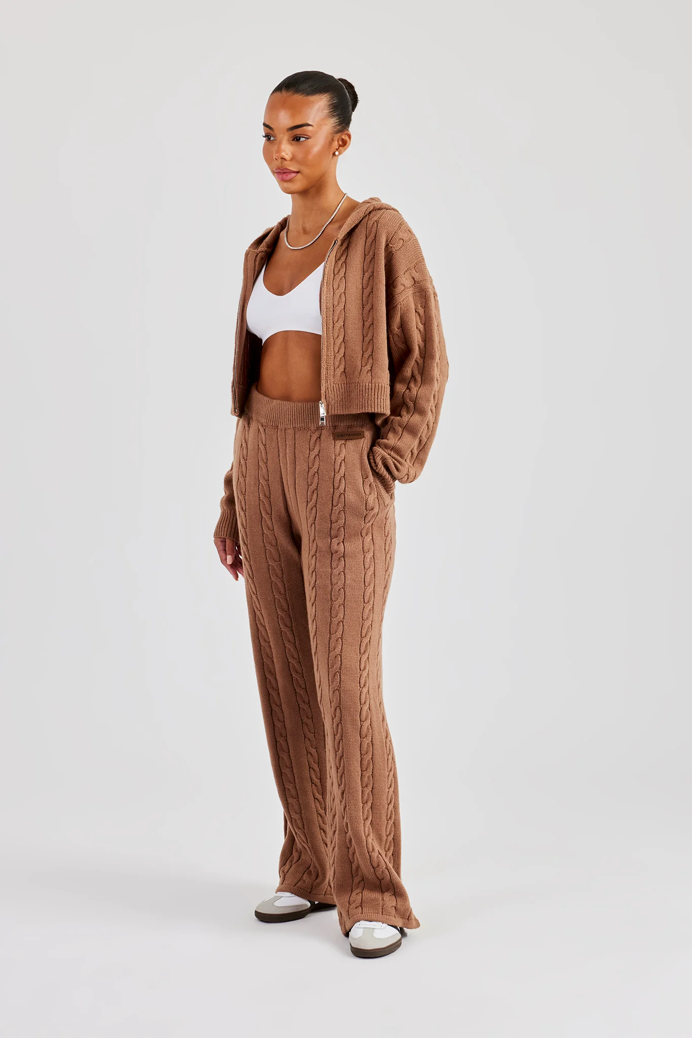 Cable Knit Cropped Knitted Hoodie - Tan - Image 5